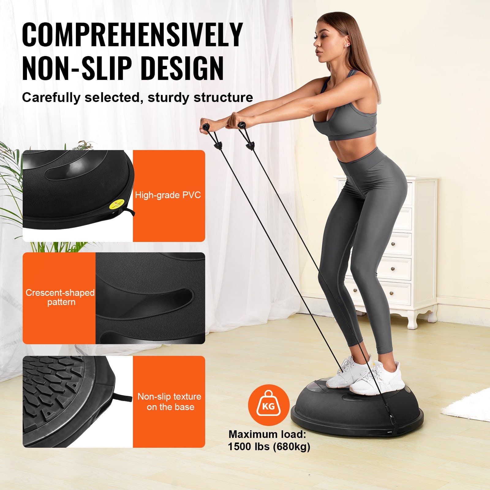 VEVOR 66cm Half Balance Ball Trainer with Resistance Bands & Foot Pump, 680kg Capacity for Full Body Home Workout – Paveikslėlis 4