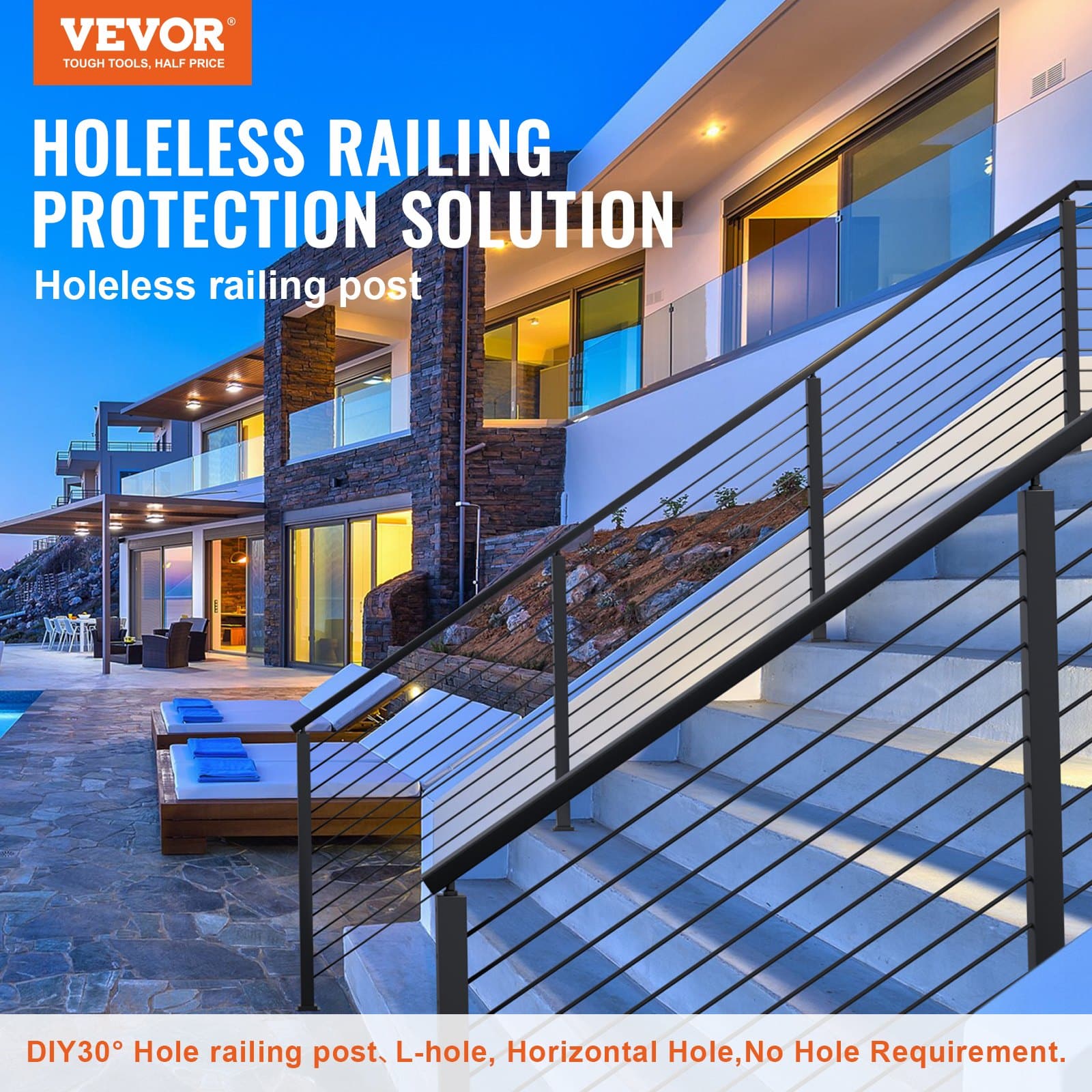 VEVOR 91.4 cm Holeless Steel Cable Railing Post, SUS304, Black, 1-Pack, for Decks, Stairs, Balconies, Indoor/Outdoor Use - Image 2