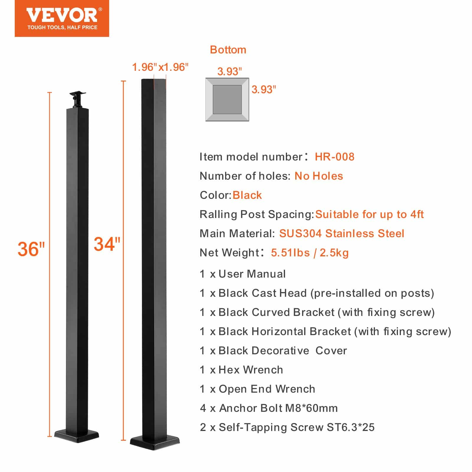 VEVOR 91.4 cm Holeless Steel Cable Railing Post, SUS304, Black, 1-Pack, for Decks, Stairs, Balconies, Indoor/Outdoor Use - Image 7