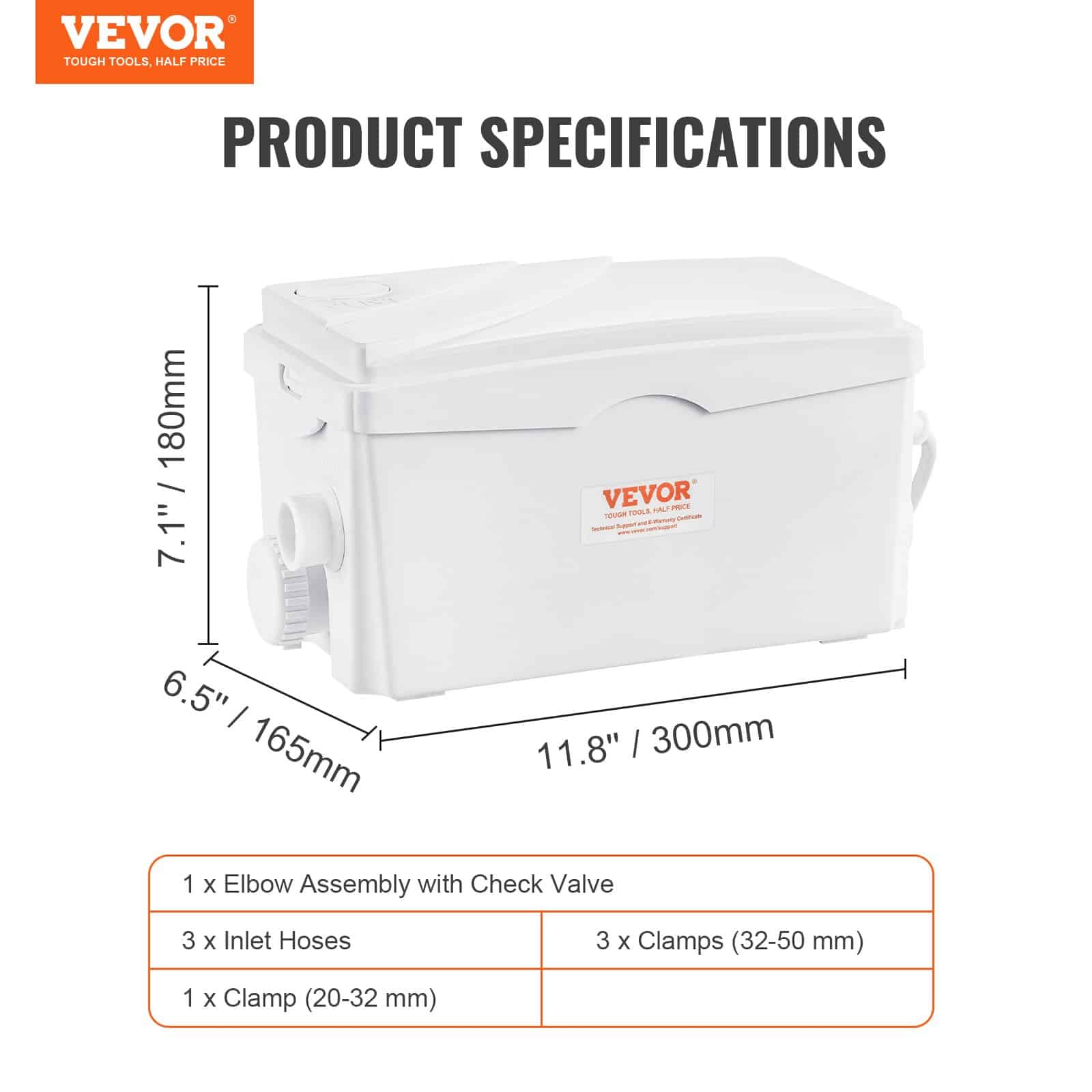 VEVOR 350W Macerator Sewerage Pump, 6000 L/h Flow, 7 m Head, 3 Inlets for Bathroom, Kitchen, Laundry Waste Water Disposal — Attēls 7