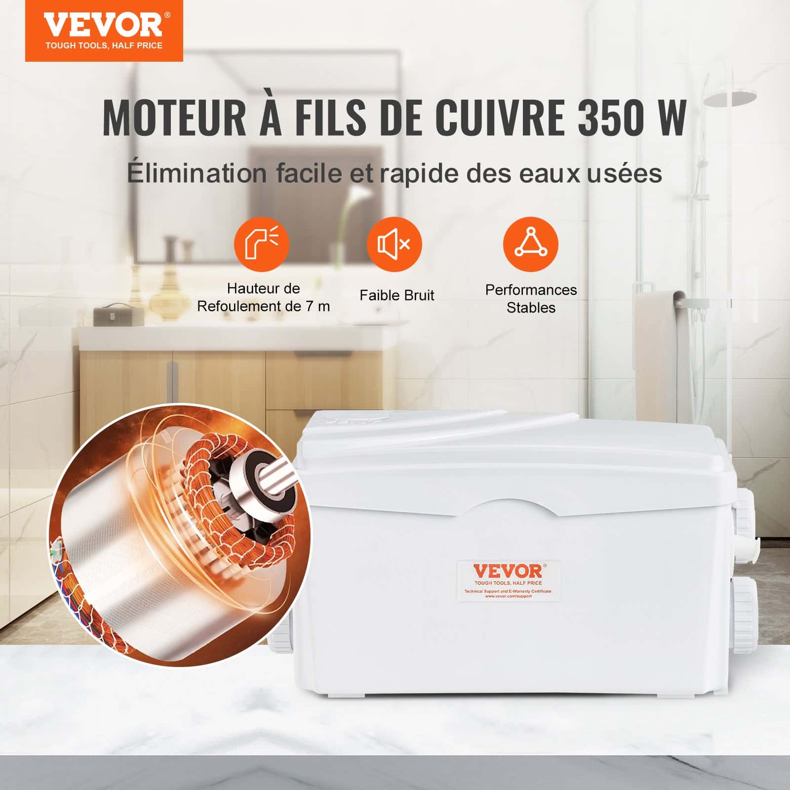 VEVOR 350W Macerator Sewerage Pump, 6000 L/h Flow, 7 m Head, 3 Inlets for Bathroom, Kitchen, Laundry Waste Water Disposal — Attēls 2