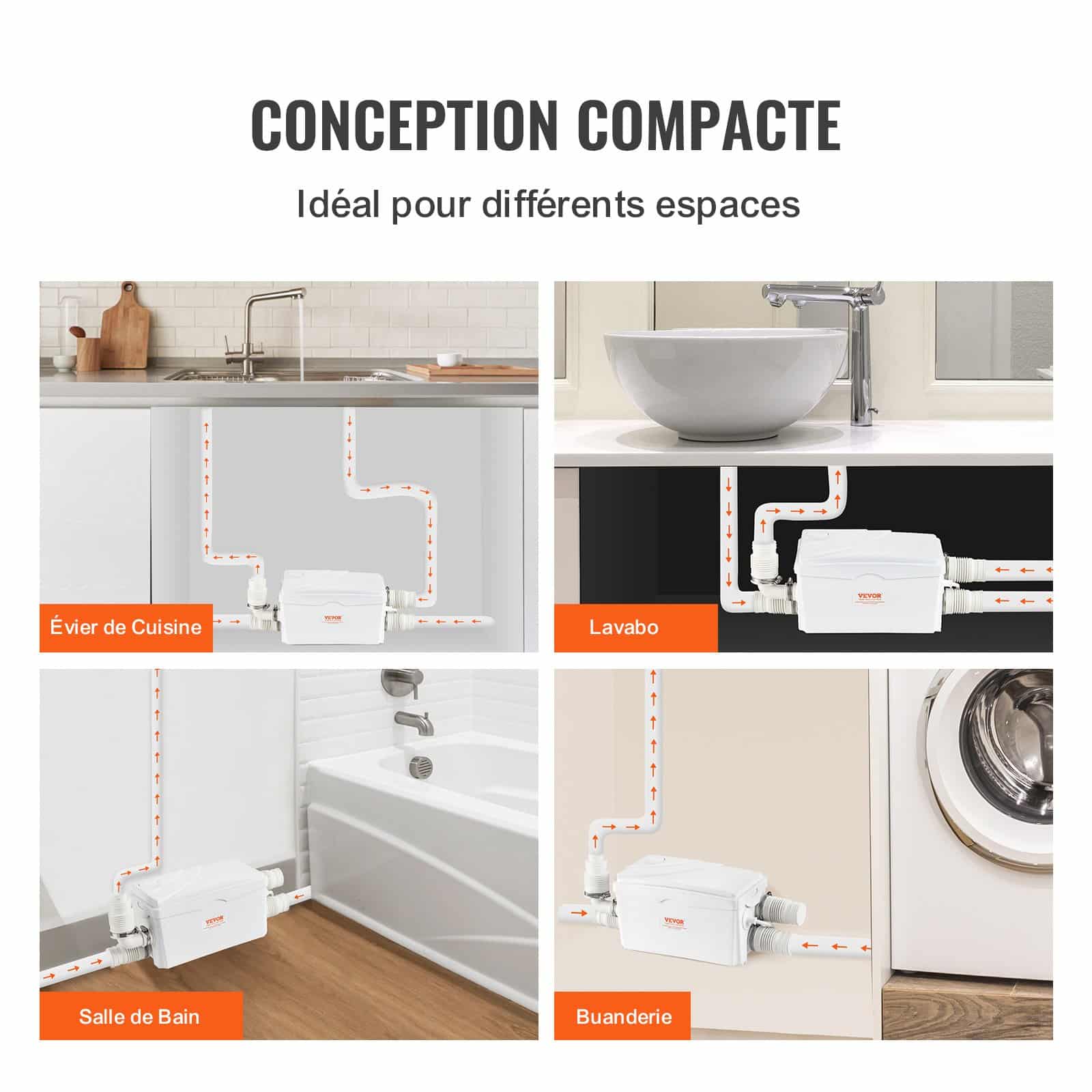 VEVOR 350W Macerator Sewerage Pump, 6000 L/h Flow, 7 m Head, 3 Inlets for Bathroom, Kitchen, Laundry Waste Water Disposal — Attēls 6