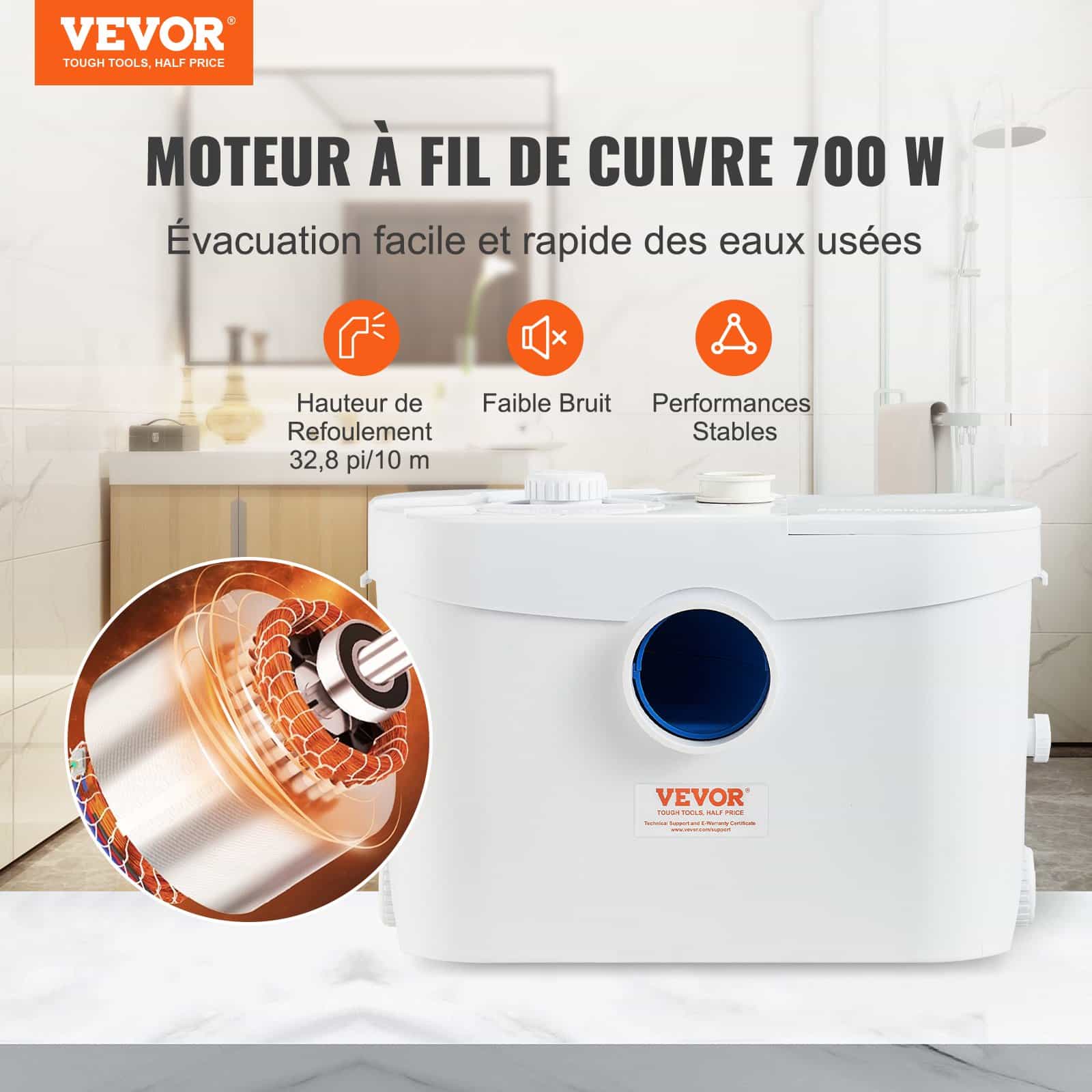 VEVOR 700W Macerator Pump, 9600 L/h Flow, 10 m Head, Upflush Waste Water Pump with 3 Inlets for Toilet, Basement, Kitchen — Attēls 2