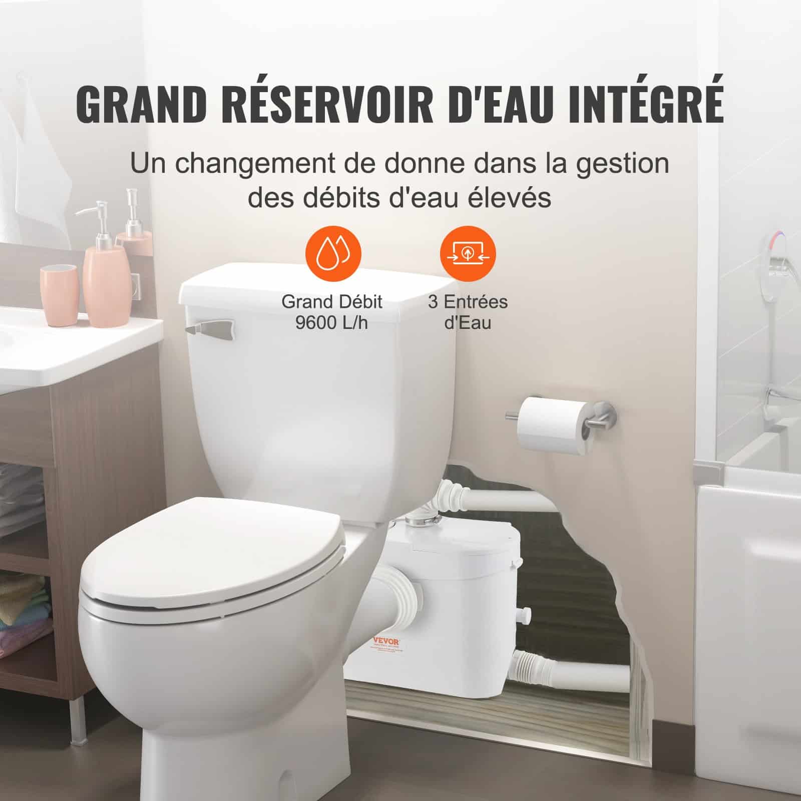 VEVOR 700W Macerator Pump, 9600 L/h Flow, 10 m Head, Upflush Waste Water Pump with 3 Inlets for Toilet, Basement, Kitchen — Attēls 5