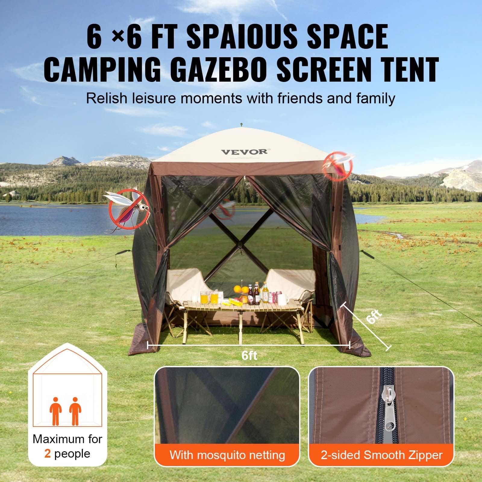 VEVOR 1.8x1.8m Pop-Up Gazebo Tent with Mosquito Netting, 4 Removable Wind Cloths & Mesh Windows, UV & Water-Resistant, Brown — attēls 6
