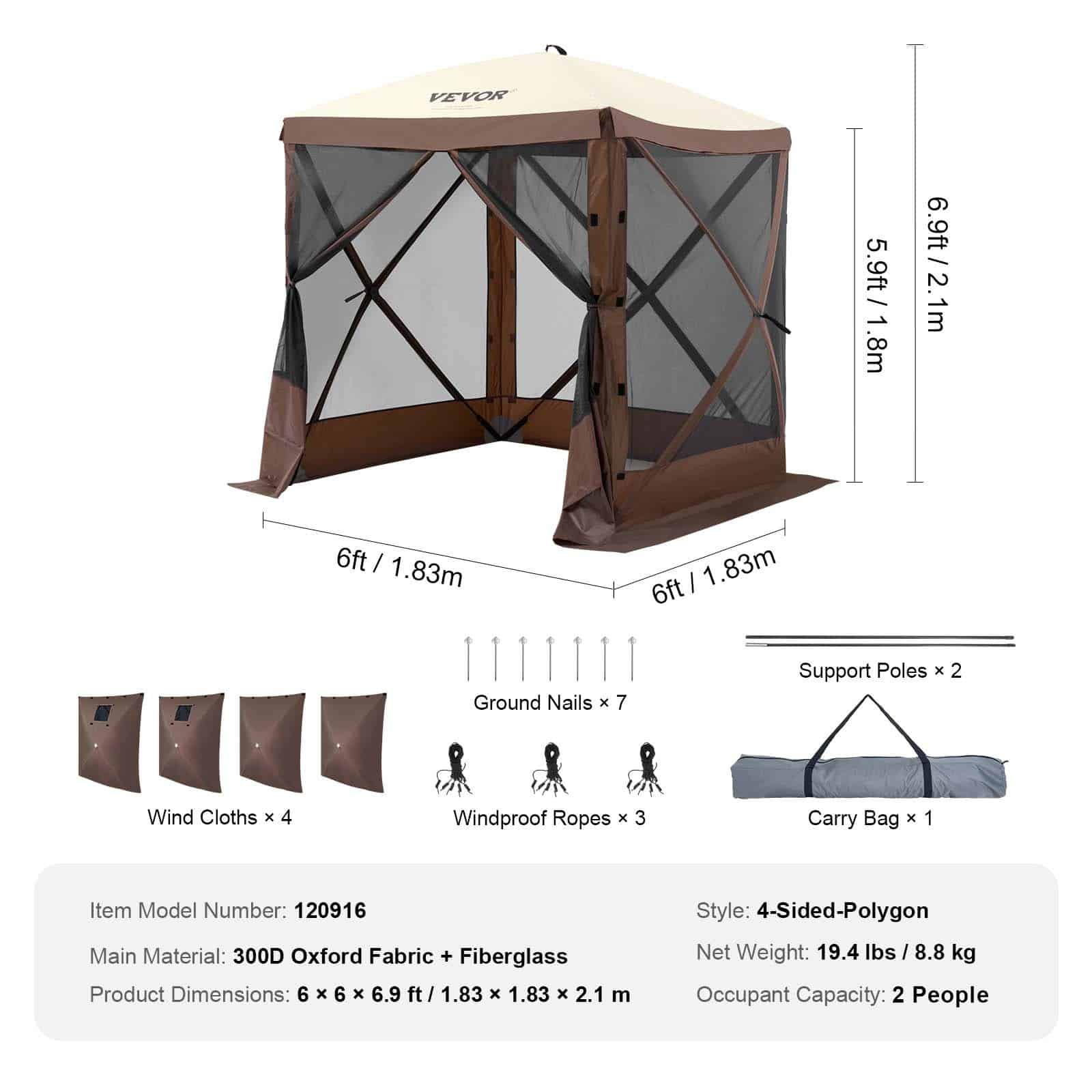 VEVOR 1.8x1.8m Pop-Up Gazebo Tent with Mosquito Netting, 4 Removable Wind Cloths & Mesh Windows, UV & Water-Resistant, Brown — attēls 7