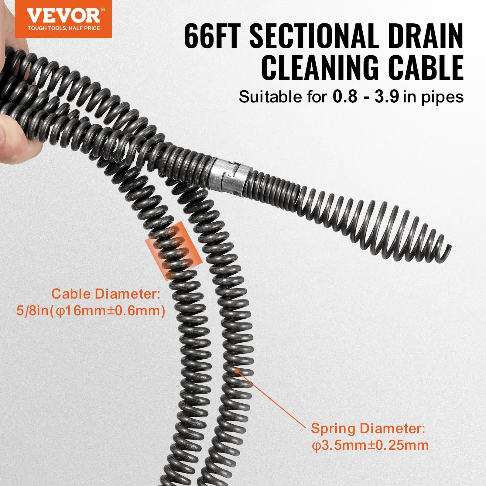 VEVOR 20.1m x 1.6cm Sectional Drain Cleaning Cable with 7 Cutters for 2–10cm Pipes, Spring Steel, Fits 5/8in Machines — Attēls 2