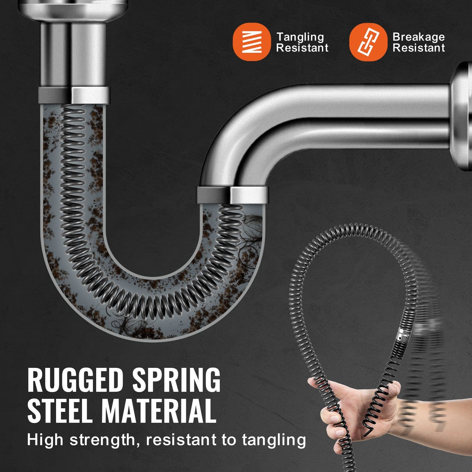 VEVOR 20.1m x 1.6cm Sectional Drain Cleaning Cable with 7 Cutters for 2–10cm Pipes, Spring Steel, Fits 5/8in Machines — Attēls 3