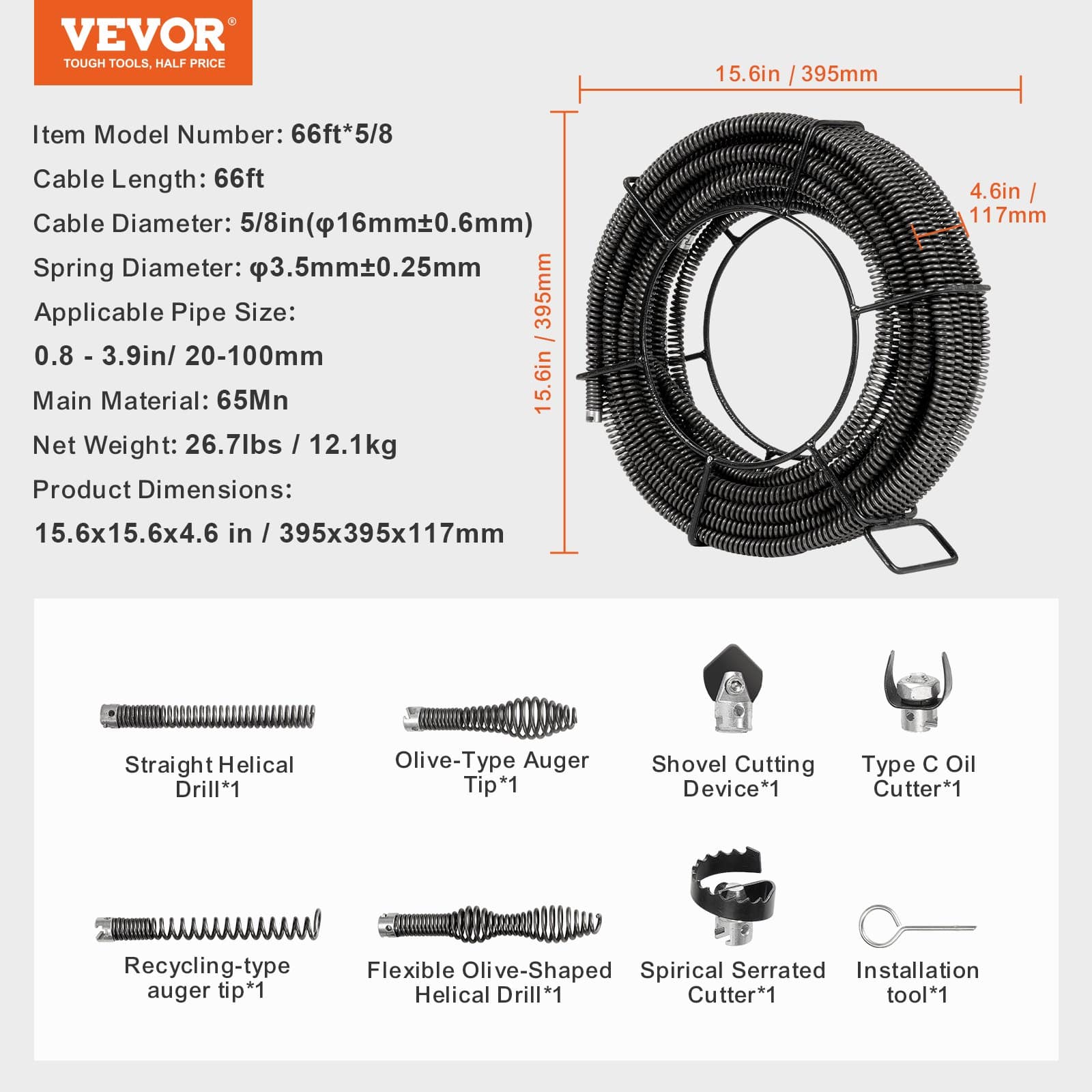 VEVOR 20.1m x 1.6cm Sectional Drain Cleaning Cable with 7 Cutters for 2–10cm Pipes, Spring Steel, Fits 5/8in Machines — Attēls 7