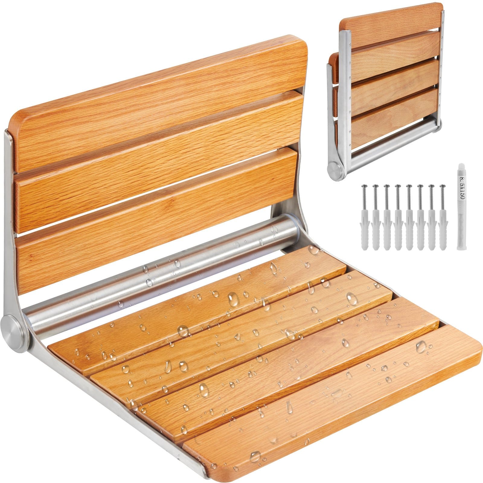 Складное Дубовое Сиденье для Душа VEVOR 40.9x34 см, Настенное, Нагрузка 199.6 кг, Нержавеющая Сталь