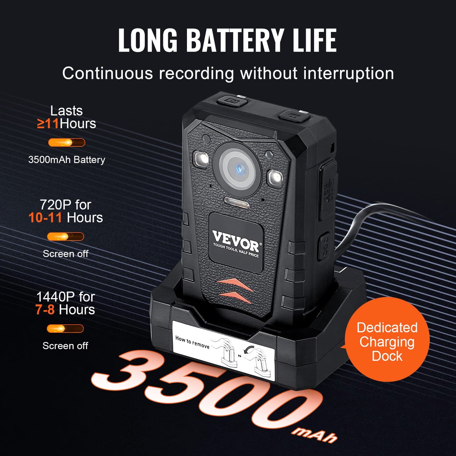 VEVOR 2K HD Police Body Camera 64GB with Audio, Infrared Night Vision, GPS, 3500mAh Battery, Waterproof, 2'' LCD - Image 3