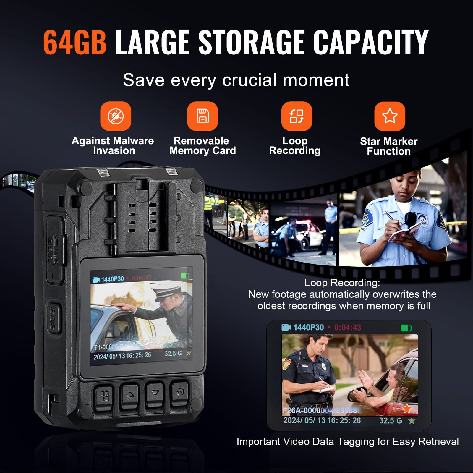 VEVOR 2K HD Police Body Camera 64GB with Audio, Infrared Night Vision, GPS, 3500mAh Battery, Waterproof, 2'' LCD - Image 4