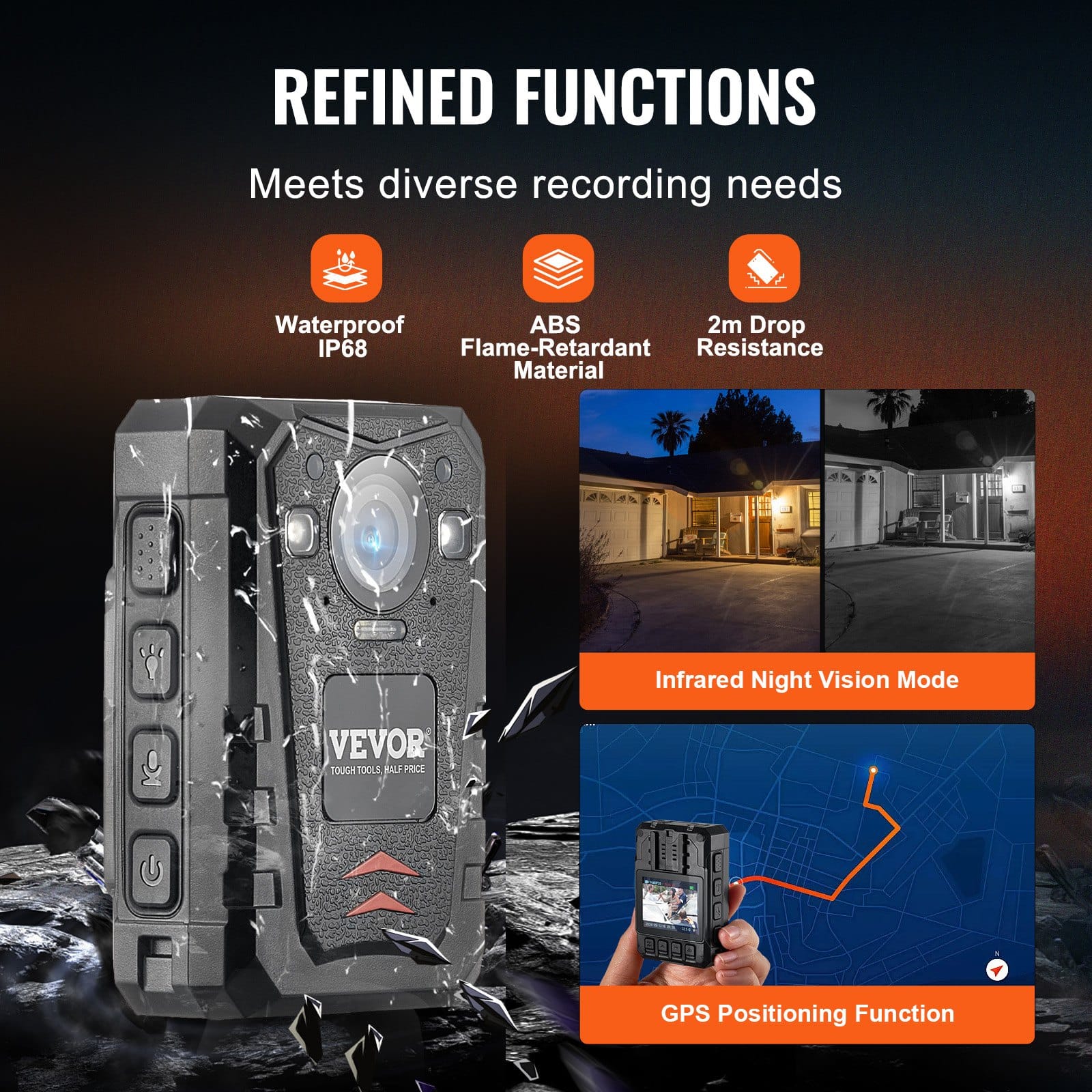 VEVOR 2K HD Police Body Camera 64GB with Audio, Infrared Night Vision, GPS, 3500mAh Battery, Waterproof, 2'' LCD - Image 5