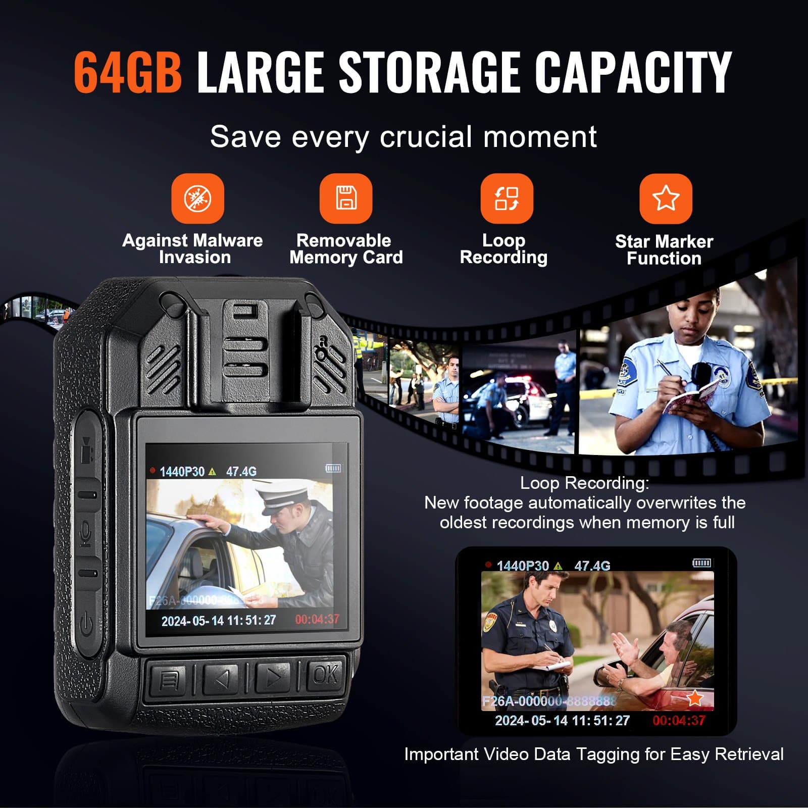 VEVOR 2K HD Police Body Camera with 64GB, Night Vision, Waterproof, 2850mAh Battery, 2" LCD, for Law Enforcement - Image 4