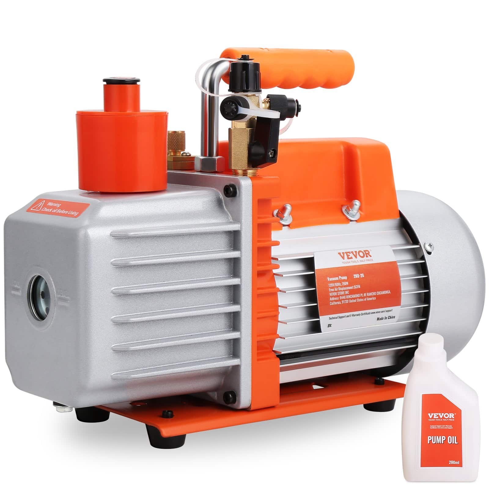 VEVOR 5 CFM 2-Stage Rotary Vane Vacuum Pump for HVAC, 230V, 250ml Oil, 40 Microns, for Refrigeration & Resin Degassing