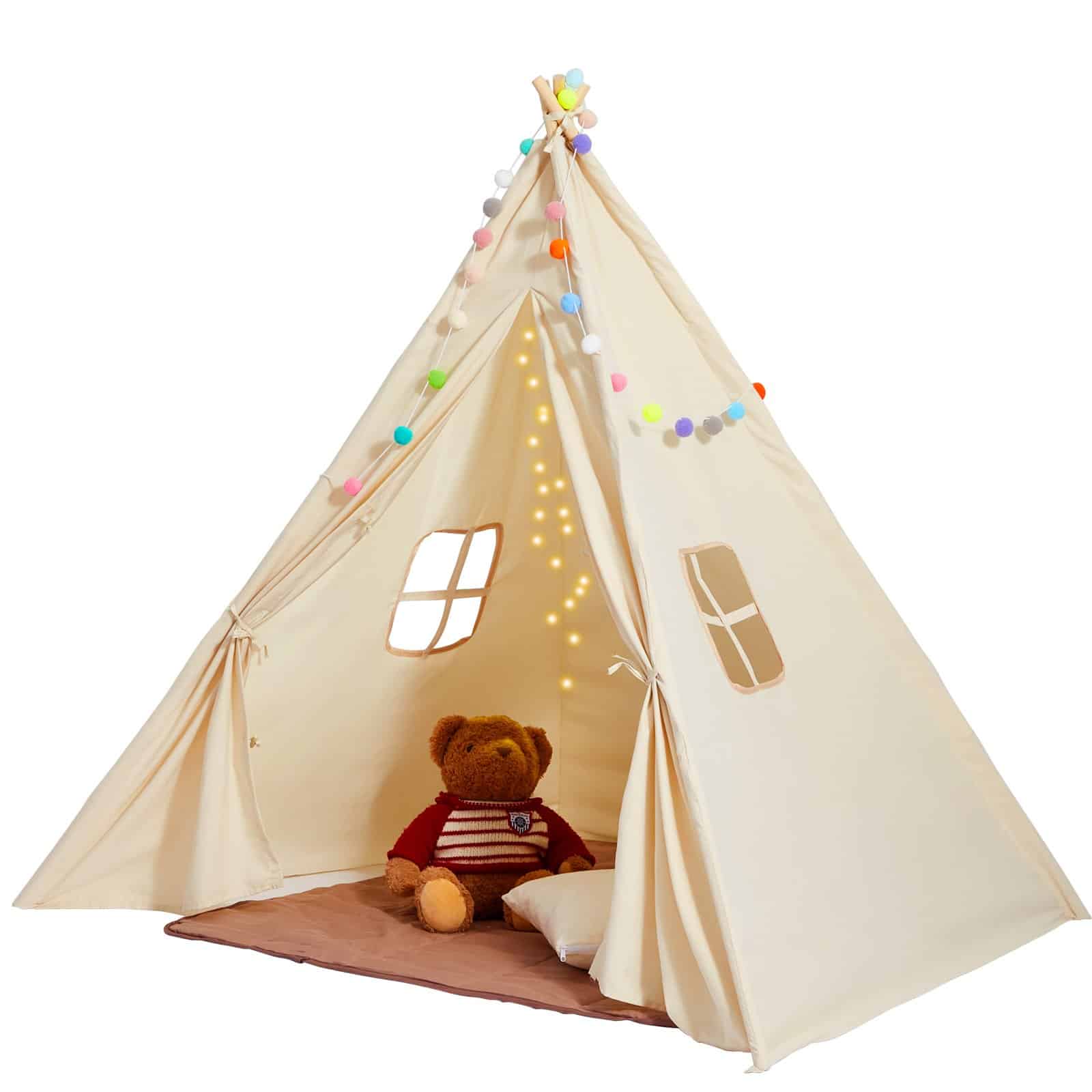 VEVOR Kids Teepee telk mattide ja plüüsist pallidega, beež sise-/välismängutelk 1-5-aastastele, 118x118x143 cm, CPC sertifikaat