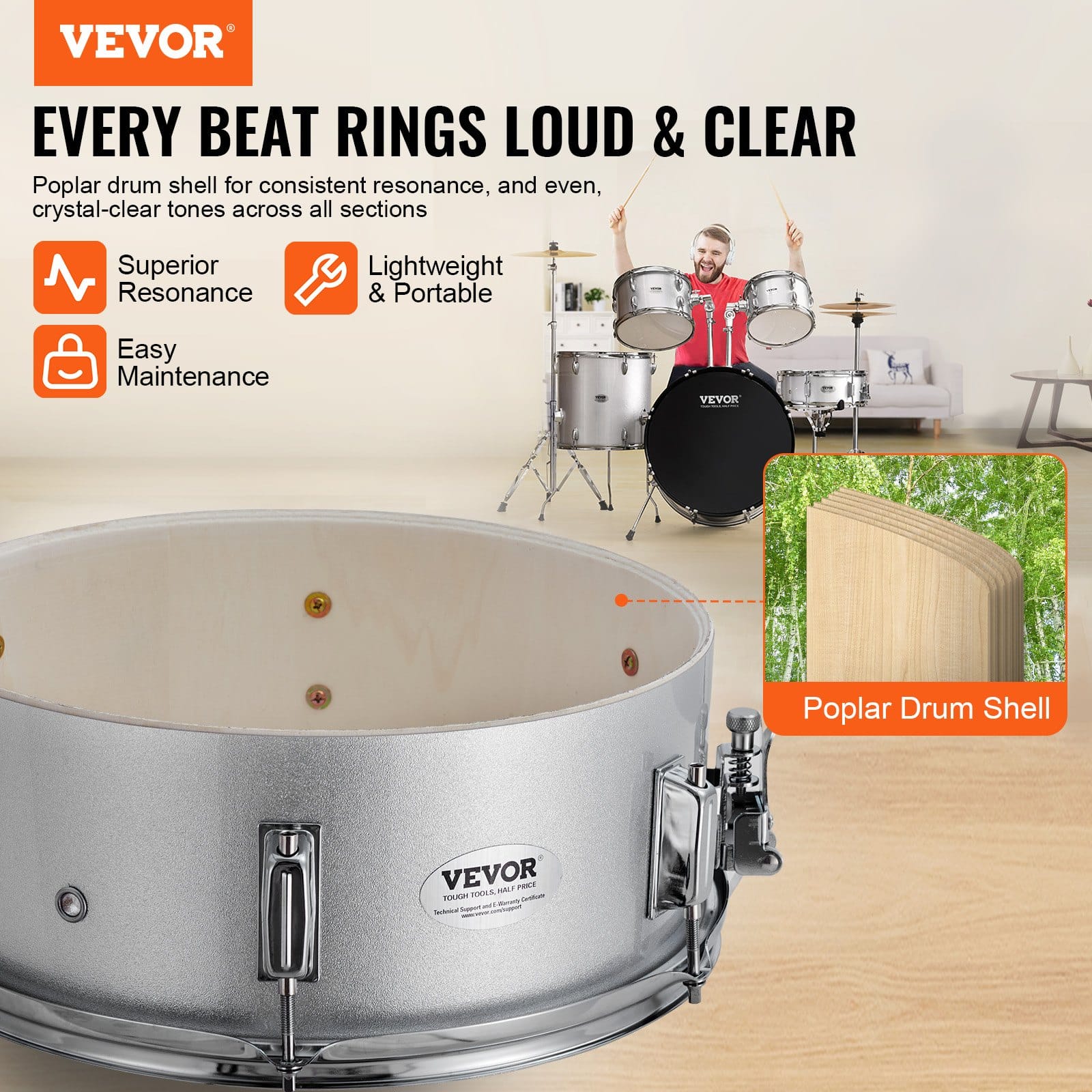 VEVOR 5-Piece Full Size Adult Drum Set with 56 cm Bass, Snare, Toms, Cymbals, Pedal, Throne & Stands – Silver Beginner Kit - Image 2