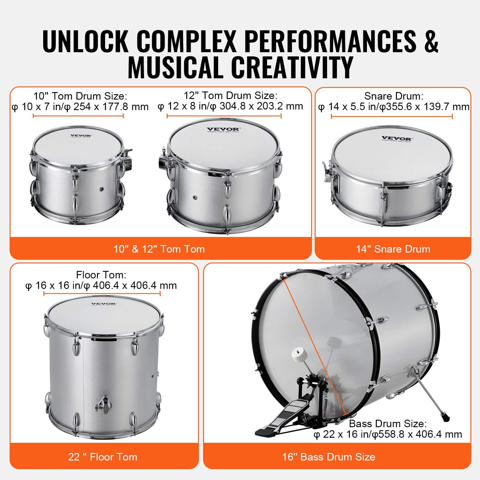 VEVOR 5-Piece Full Size Adult Drum Set with 56 cm Bass, Snare, Toms, Cymbals, Pedal, Throne & Stands – Silver Beginner Kit - Image 3