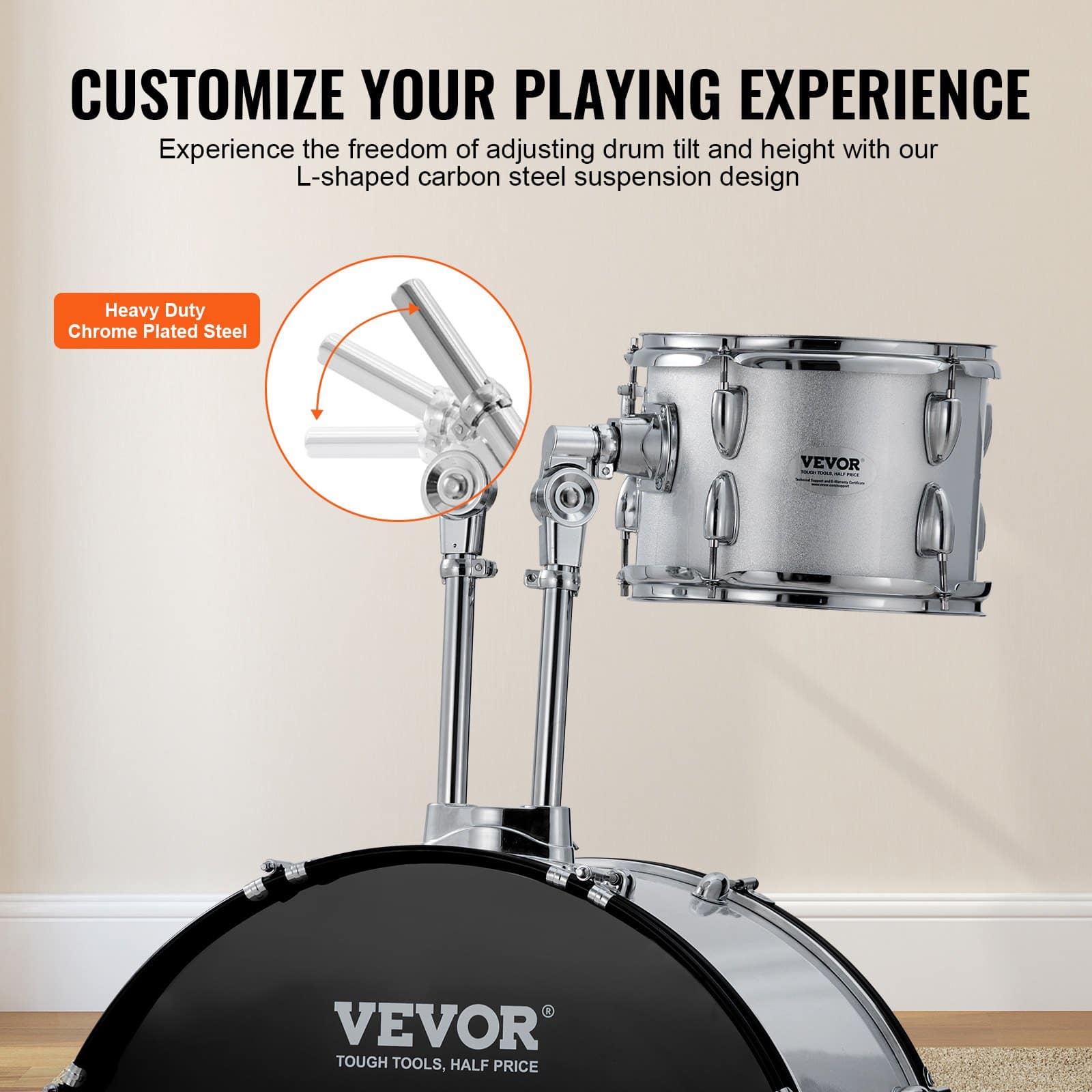 VEVOR 5-Piece Full Size Adult Drum Set with 56 cm Bass, Snare, Toms, Cymbals, Pedal, Throne & Stands – Silver Beginner Kit - Image 4