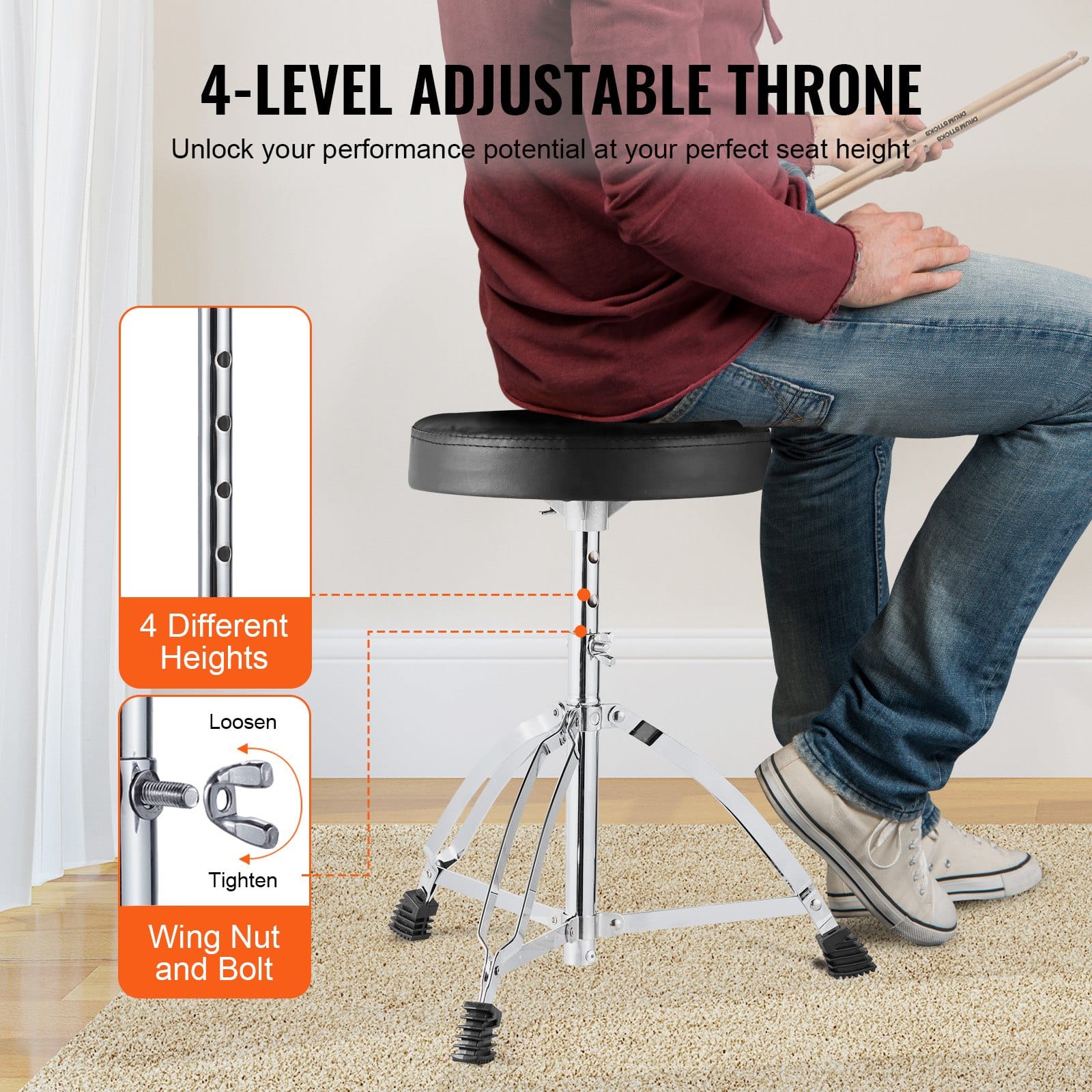 VEVOR 5-Piece Full Size Adult Drum Set with 56 cm Bass, Snare, Toms, Cymbals, Pedal, Throne & Stands – Silver Beginner Kit - Image 5