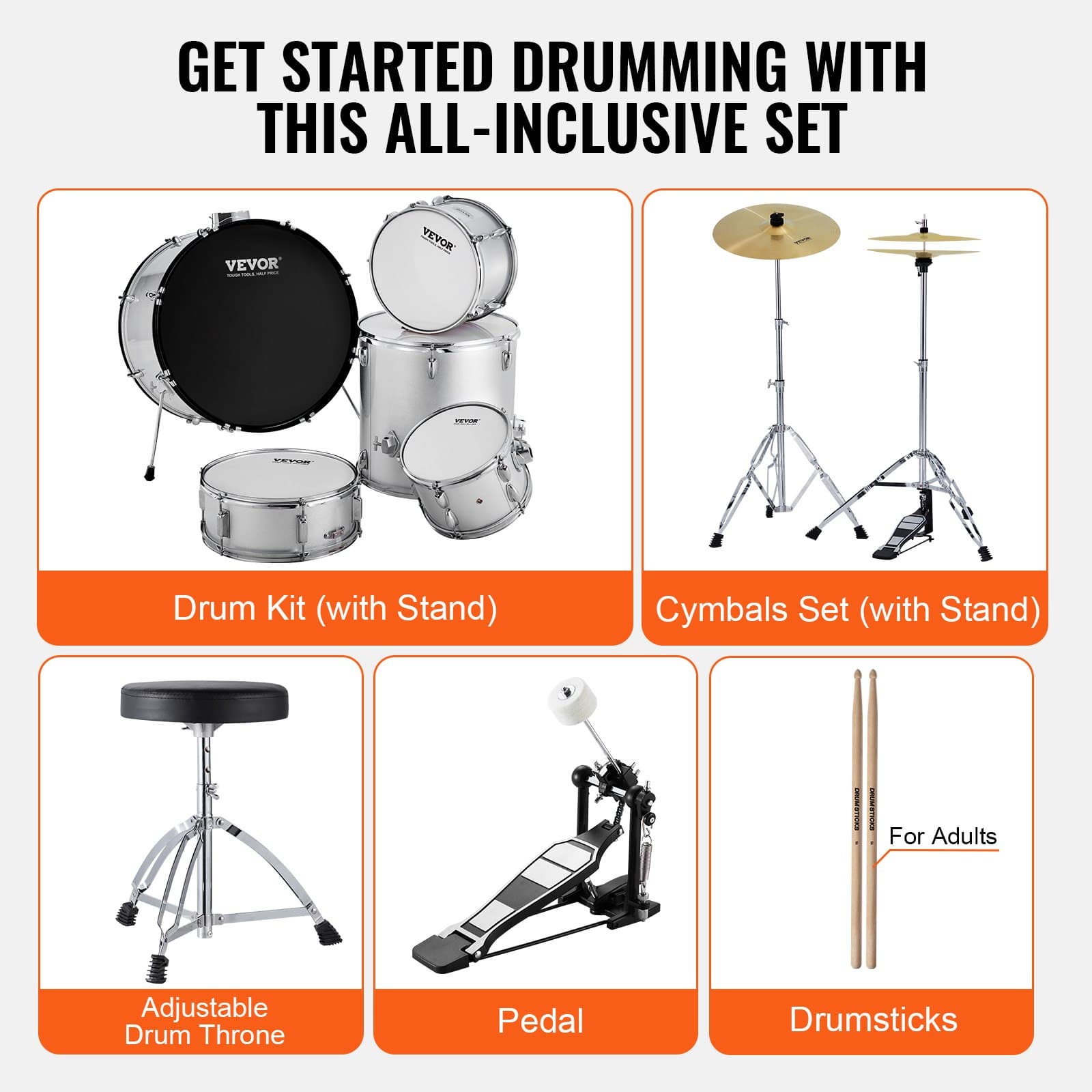 VEVOR 5-Piece Full Size Adult Drum Set with 56 cm Bass, Snare, Toms, Cymbals, Pedal, Throne & Stands – Silver Beginner Kit - Image 6