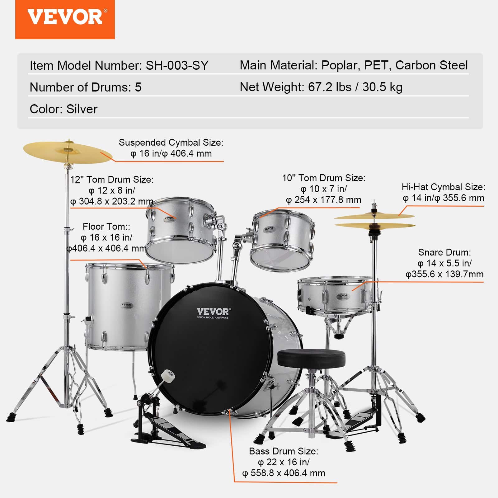 VEVOR 5-Piece Full Size Adult Drum Set with 56 cm Bass, Snare, Toms, Cymbals, Pedal, Throne & Stands – Silver Beginner Kit - Image 7