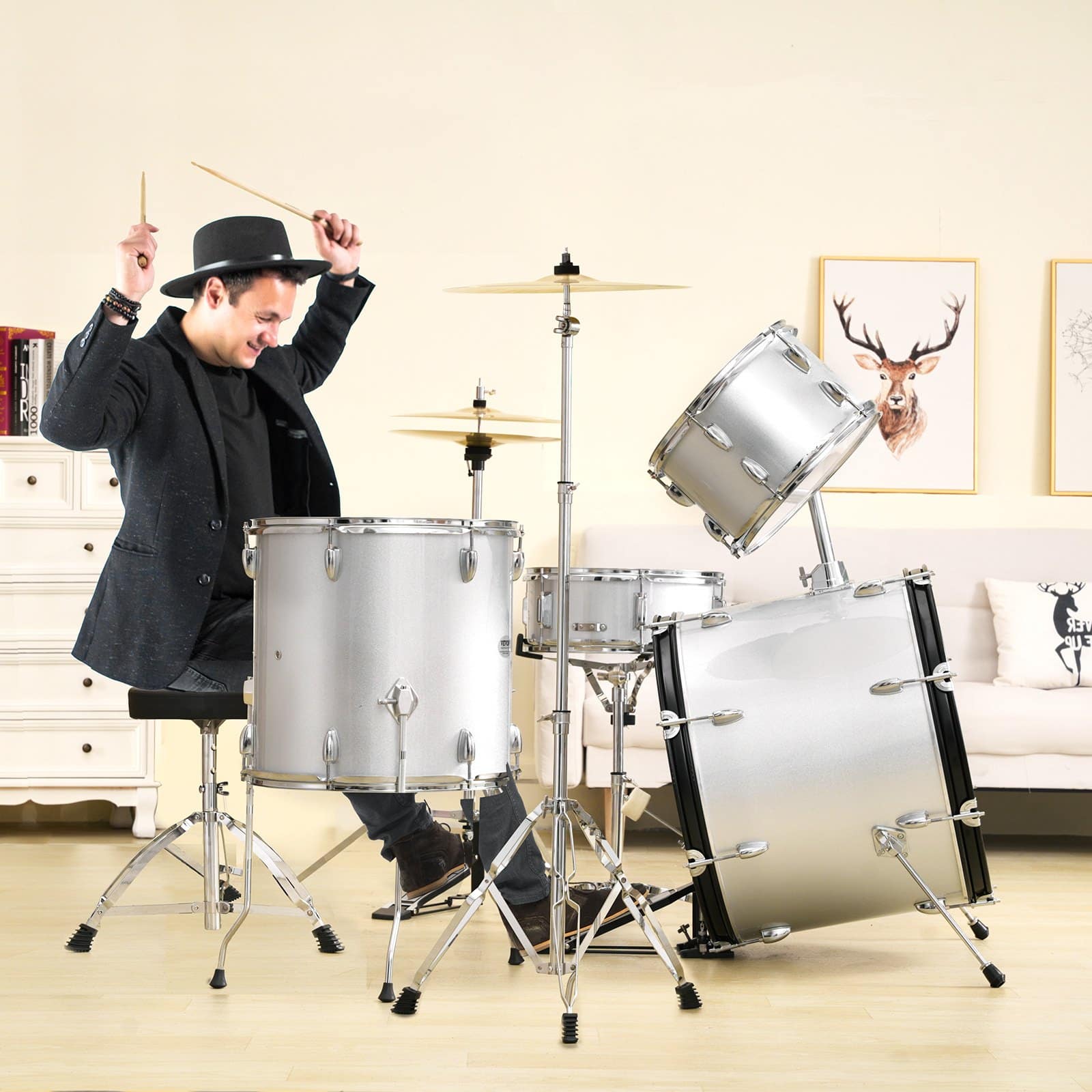 VEVOR 5-Piece Full Size Adult Drum Set with 56 cm Bass, Snare, Toms, Cymbals, Pedal, Throne & Stands – Silver Beginner Kit - Image 8