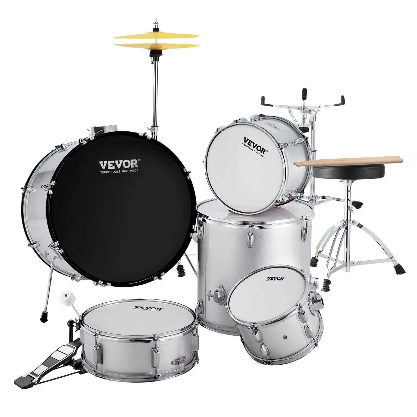 VEVOR 5-Piece Full Size Adult Drum Set with 56 cm Bass, Snare, Toms, Cymbals, Pedal, Throne & Stands – Silver Beginner Kit - Image 10