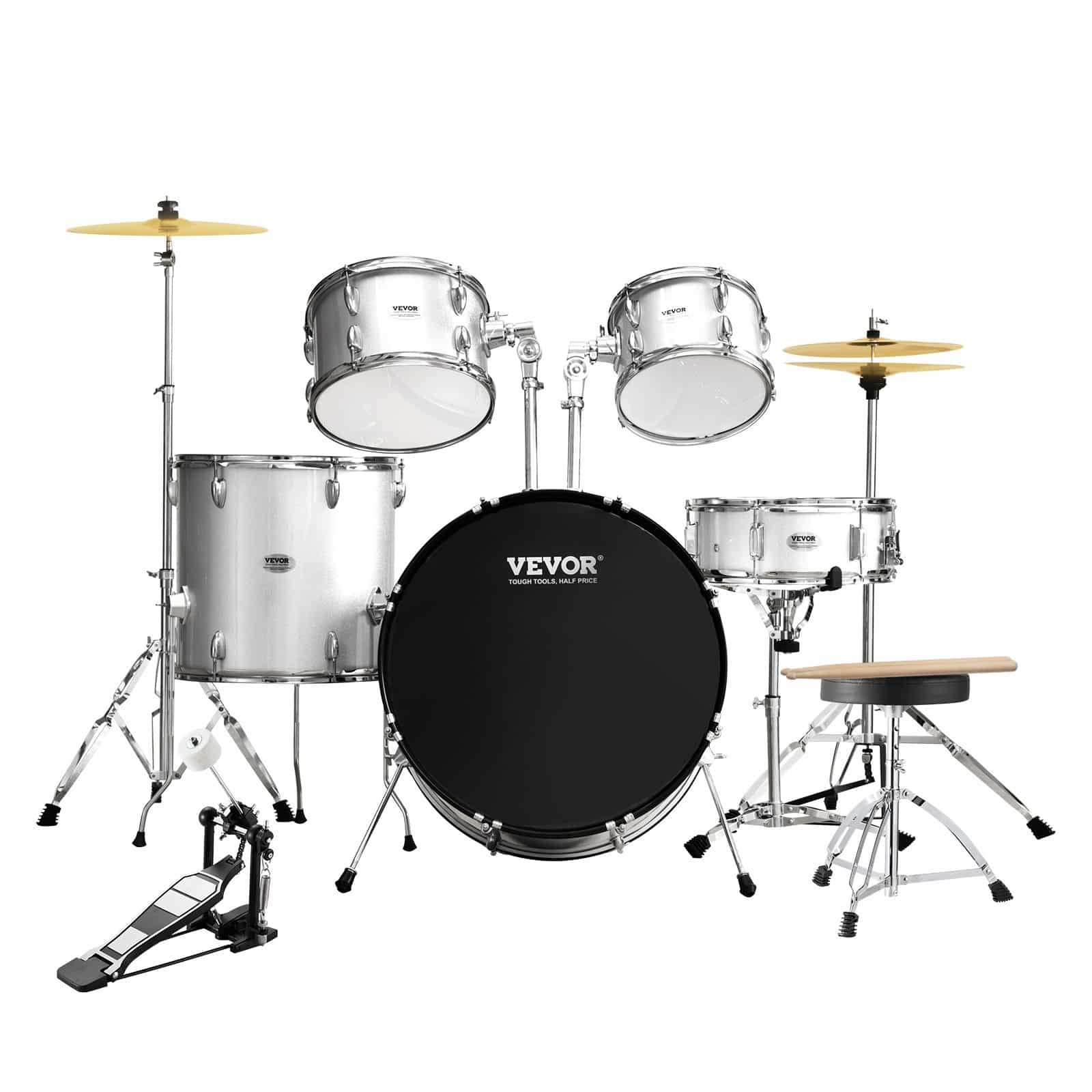 VEVOR 5-Piece Full Size Adult Drum Set with 56 cm Bass, Snare, Toms, Cymbals, Pedal, Throne & Stands – Silver Beginner Kit - Image 11