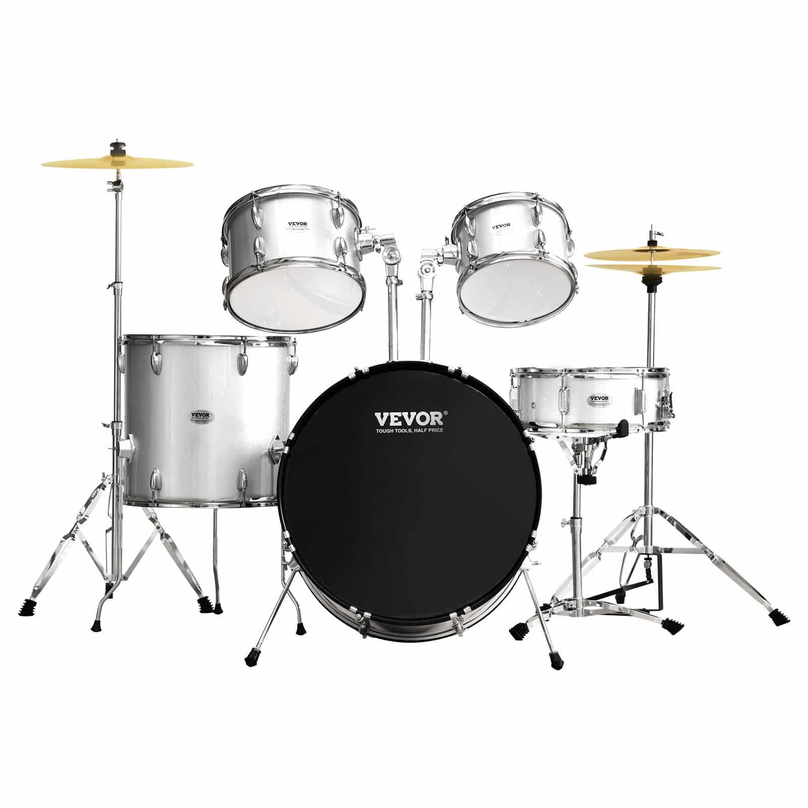 VEVOR 5-Piece Full Size Adult Drum Set with 56 cm Bass, Snare, Toms, Cymbals, Pedal, Throne & Stands – Silver Beginner Kit - Image 12