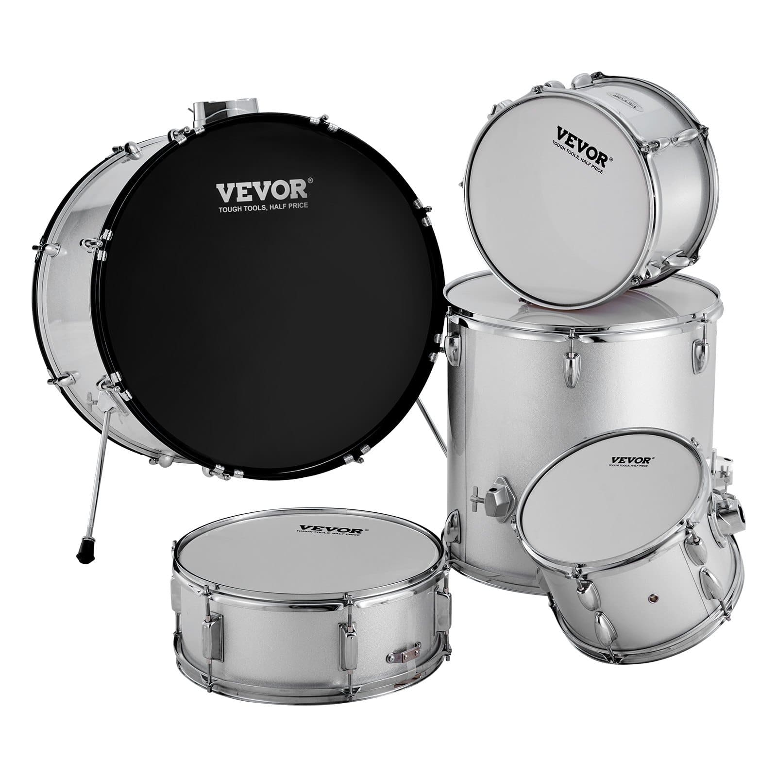 VEVOR 5-Piece Full Size Adult Drum Set with 56 cm Bass, Snare, Toms, Cymbals, Pedal, Throne & Stands – Silver Beginner Kit - Image 9