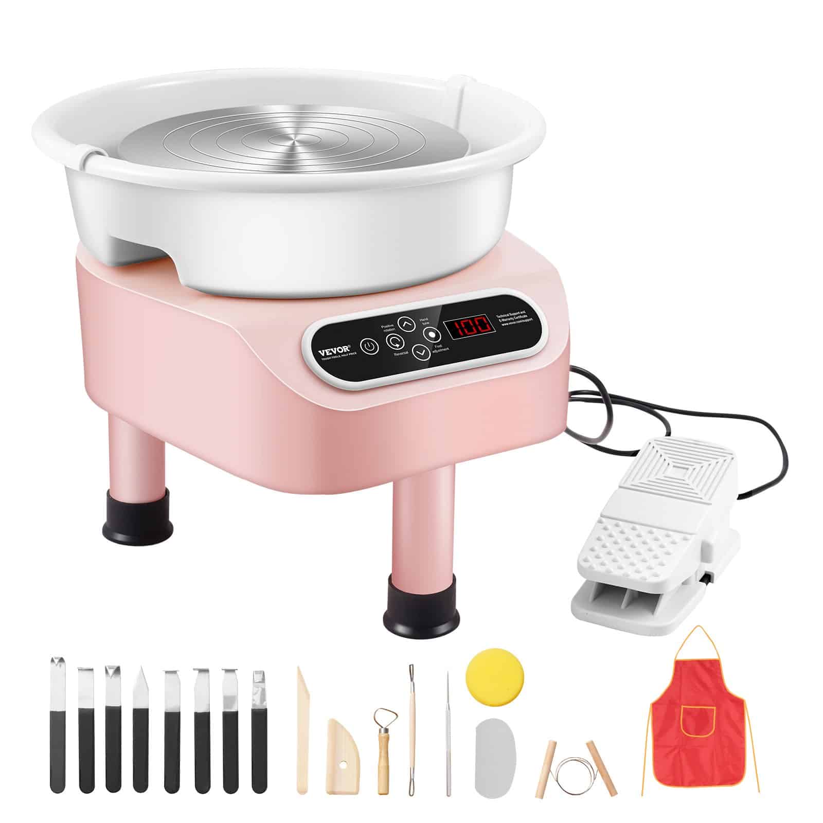 VEVOR 25cm Electric Pottery Wheel 350W with LCD Touchscreen, Foot Pedal, 17 Tools & Quiet Motor for DIY Ceramic Art - Pink