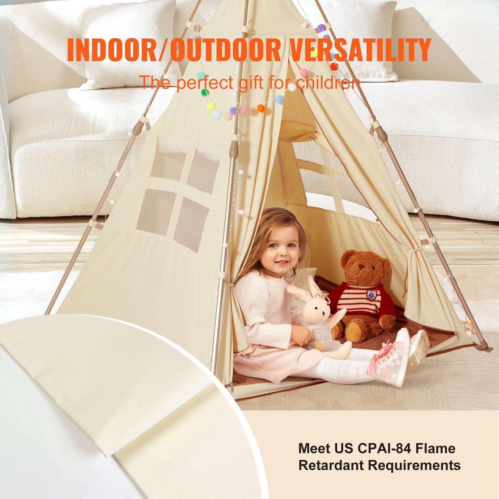 VEVOR Kids Teepee Tent with Mat & Bag, Foldable Indoor/Outdoor Play Tent for 1-5 Year Olds, 128x125x175cm, Beige - Pilt 5