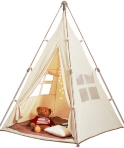 VEVOR Kids Teepee Tent with Mat & Bag, розкладний намет для гри в приміщенні/на відкритому повітрі для дітей віком від 1 до 5 років, 128x125x175 см, бежевий