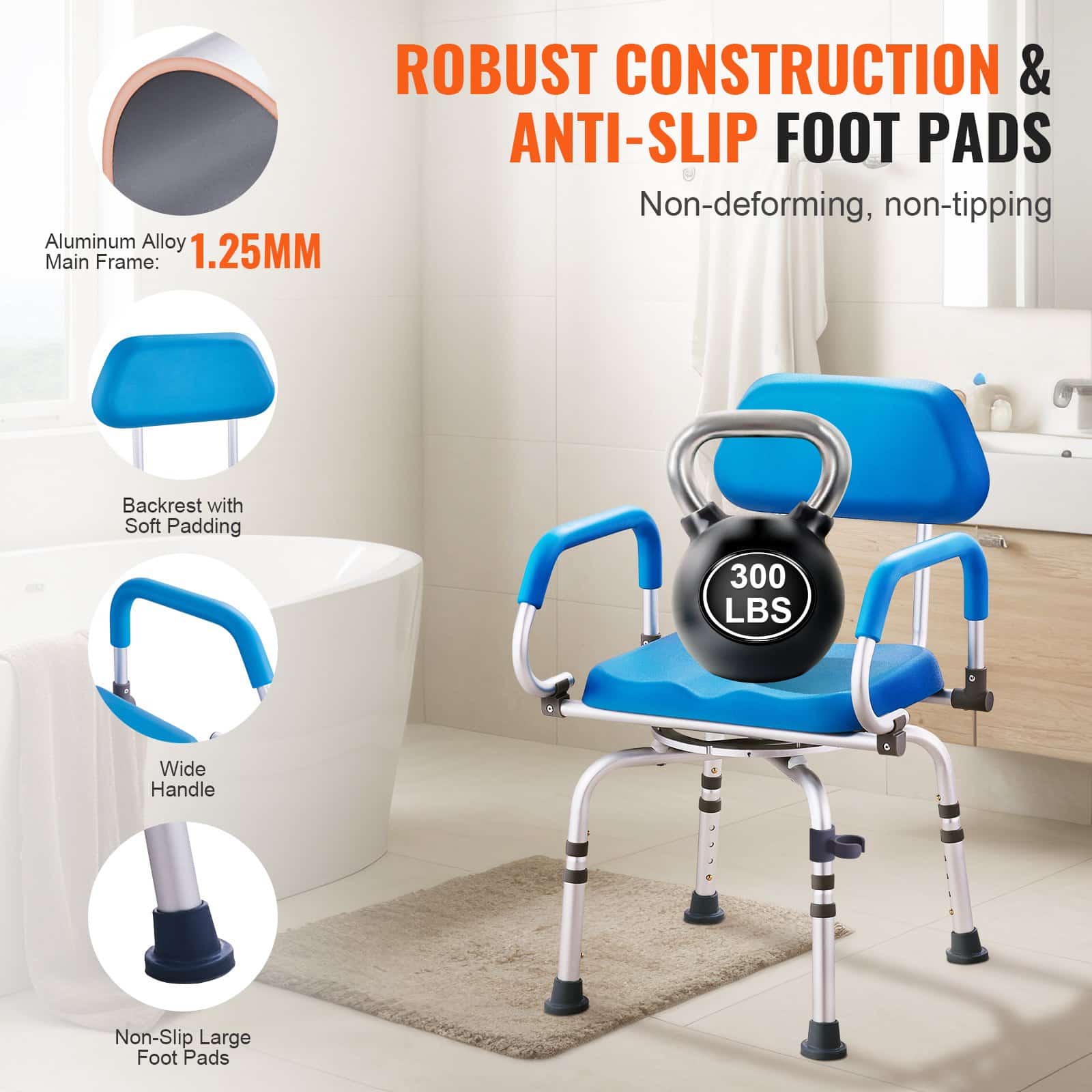 VEVOR 360° Swivel Shower Chair with Adjustable Height, Padded Seat & Pivoting Arms for Elderly & Disabled, 136kg Capacity - Image 4