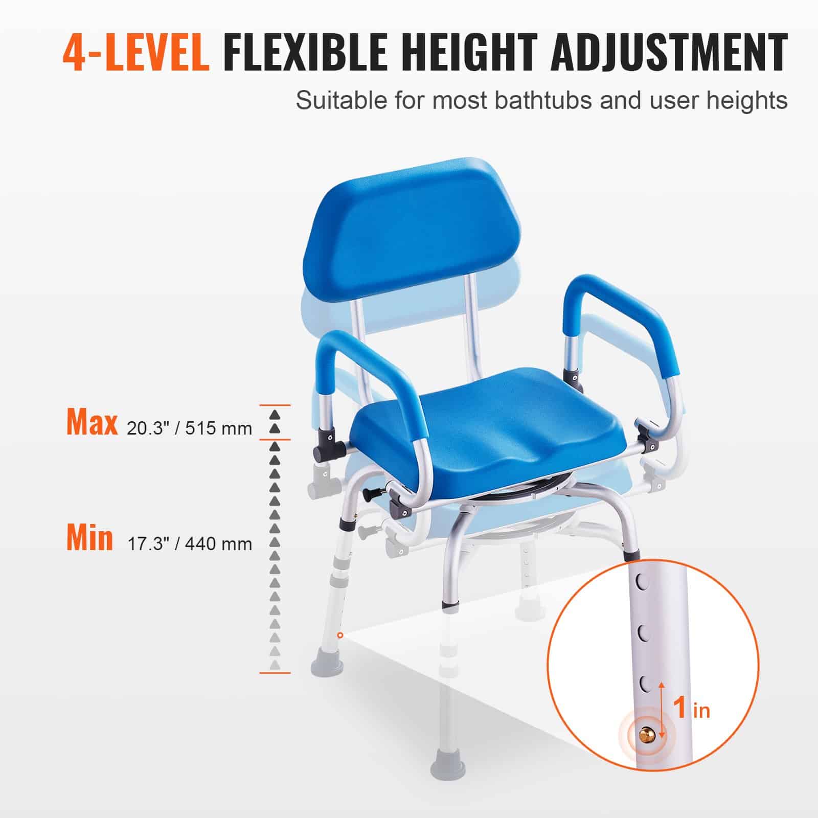 VEVOR 360° Swivel Shower Chair with Adjustable Height, Padded Seat & Pivoting Arms for Elderly & Disabled, 136kg Capacity - Image 5
