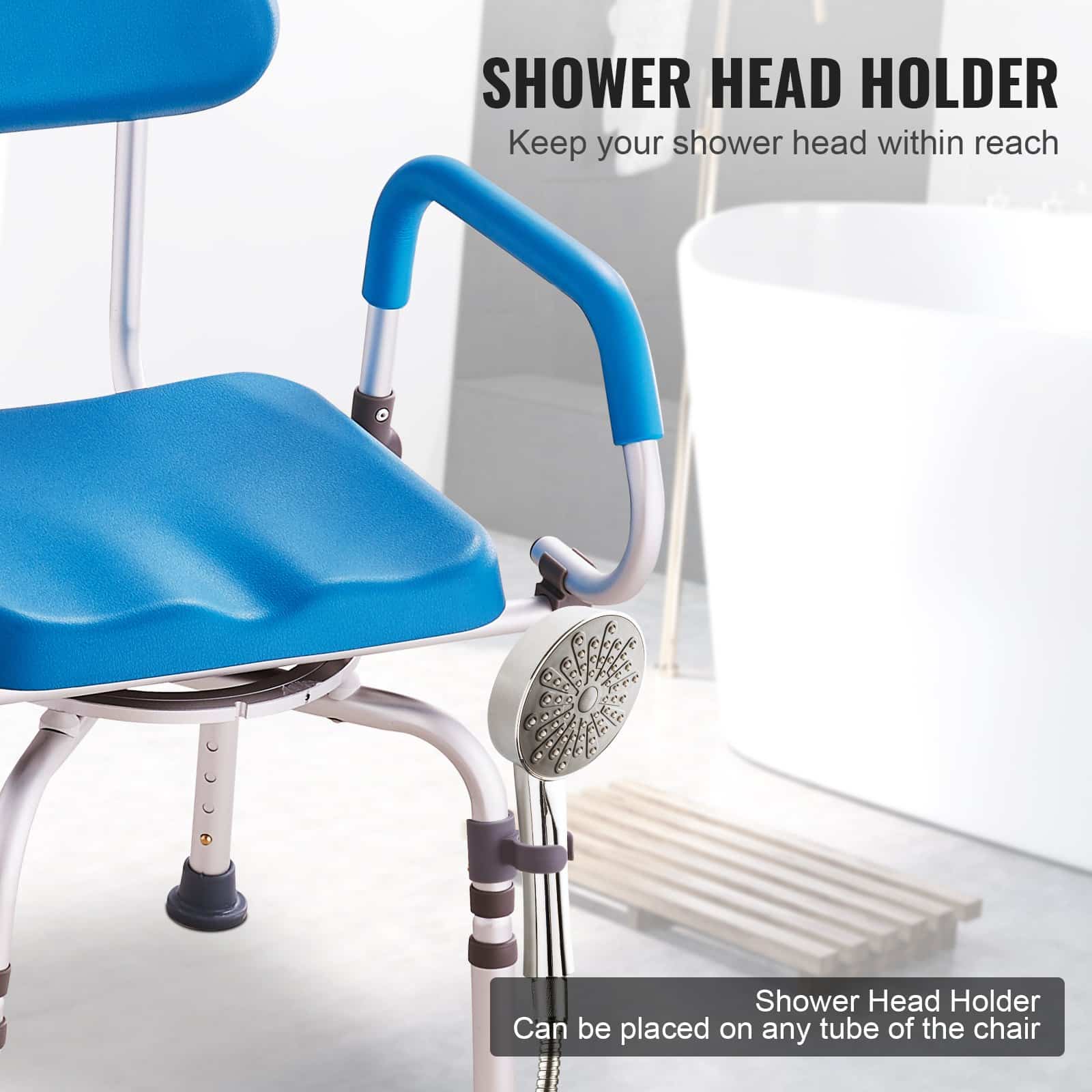VEVOR 360° Swivel Shower Chair with Adjustable Height, Padded Seat & Pivoting Arms for Elderly & Disabled, 136kg Capacity - Image 6