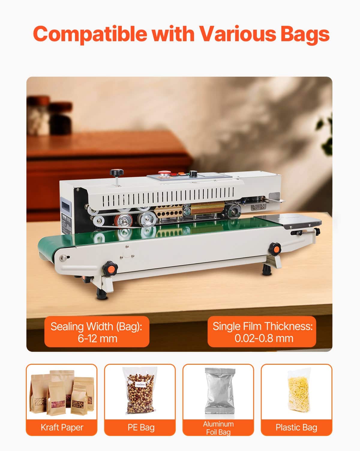 VEVOR Horizontal Band Sealer, 6-12 mm Seal Width, Digital Temp Control, 0.02–0.8 mm Plastic Bag Sealing, Inflation Function - Pilt 3