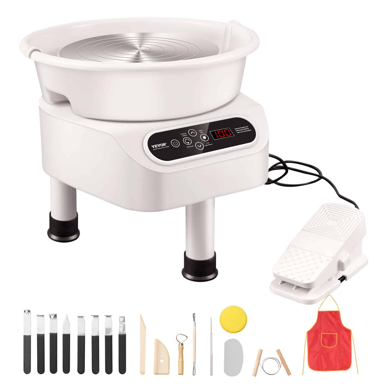VEVOR 25cm Electric Pottery Wheel 350W with LCD Touch, Foot Pedal, 17 Tools, Quiet Direct Drive, for DIY & Studio Use - White