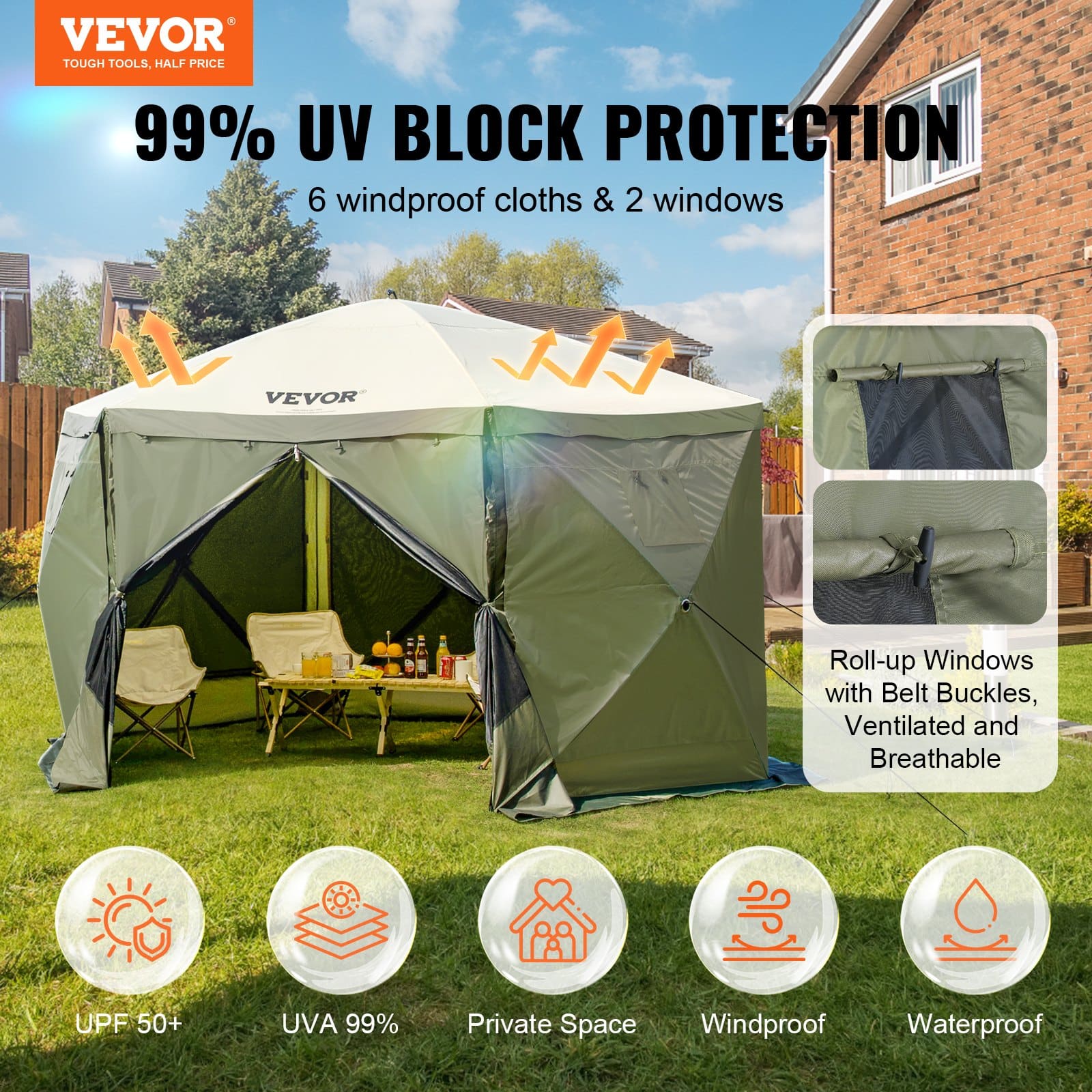 VEVOR 3.6x3.6m Pop-Up Gazebo Tent, 6-Sided Canopy with Mesh & 6 Removable Wind Cloths, UV & Mosquito Protection, Army Green — attēls 2