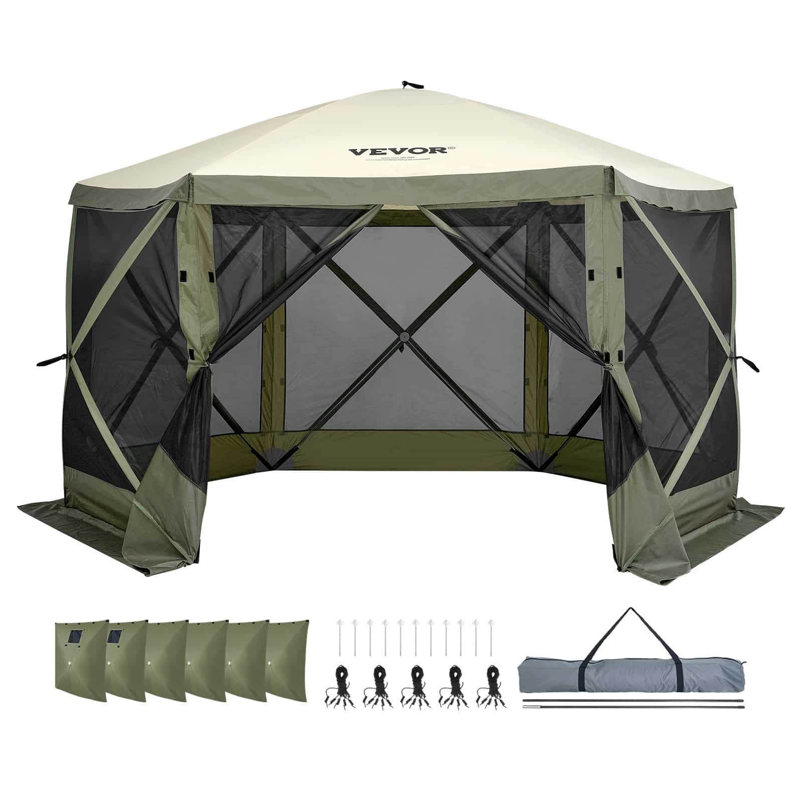 VEVOR 3.6x3.6m Pop-Up Gazebo Tent, 6-Sided Canopy with Mesh & 6 Removable Wind Cloths, UV & Mosquito Protection, Army Green — attēls 9