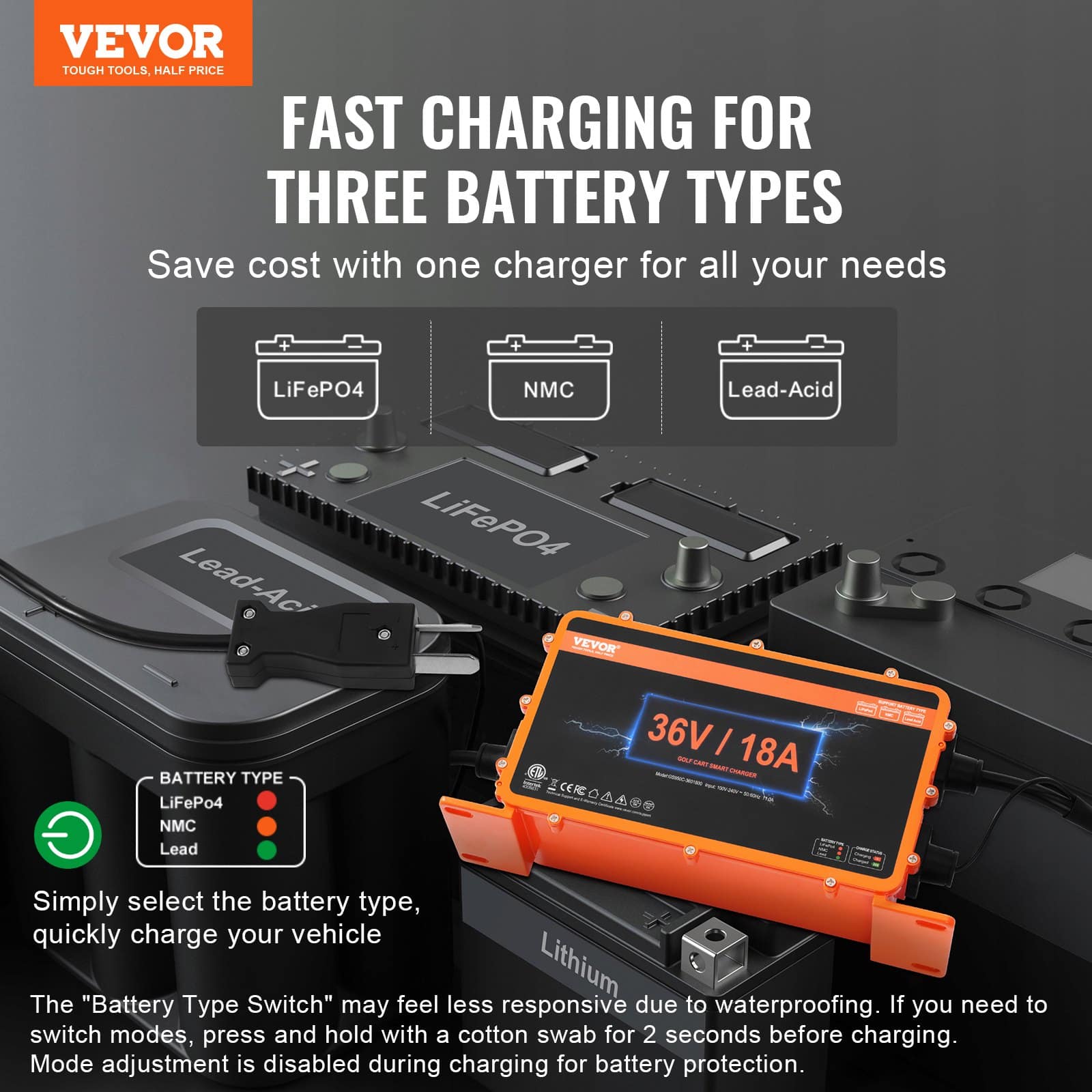 VEVOR 36V 18A Smart Golf Cart Battery Charger, IP67 Waterproof, ETL Certified, for Lead-Acid/LiFePO4/Lithium, Crowfoot Plug - Pilt 2
