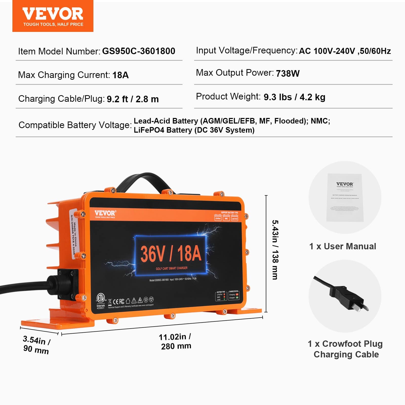 VEVOR 36V 18A Smart Golf Cart Battery Charger, IP67 Waterproof, ETL Certified, for Lead-Acid/LiFePO4/Lithium, Crowfoot Plug - Pilt 7