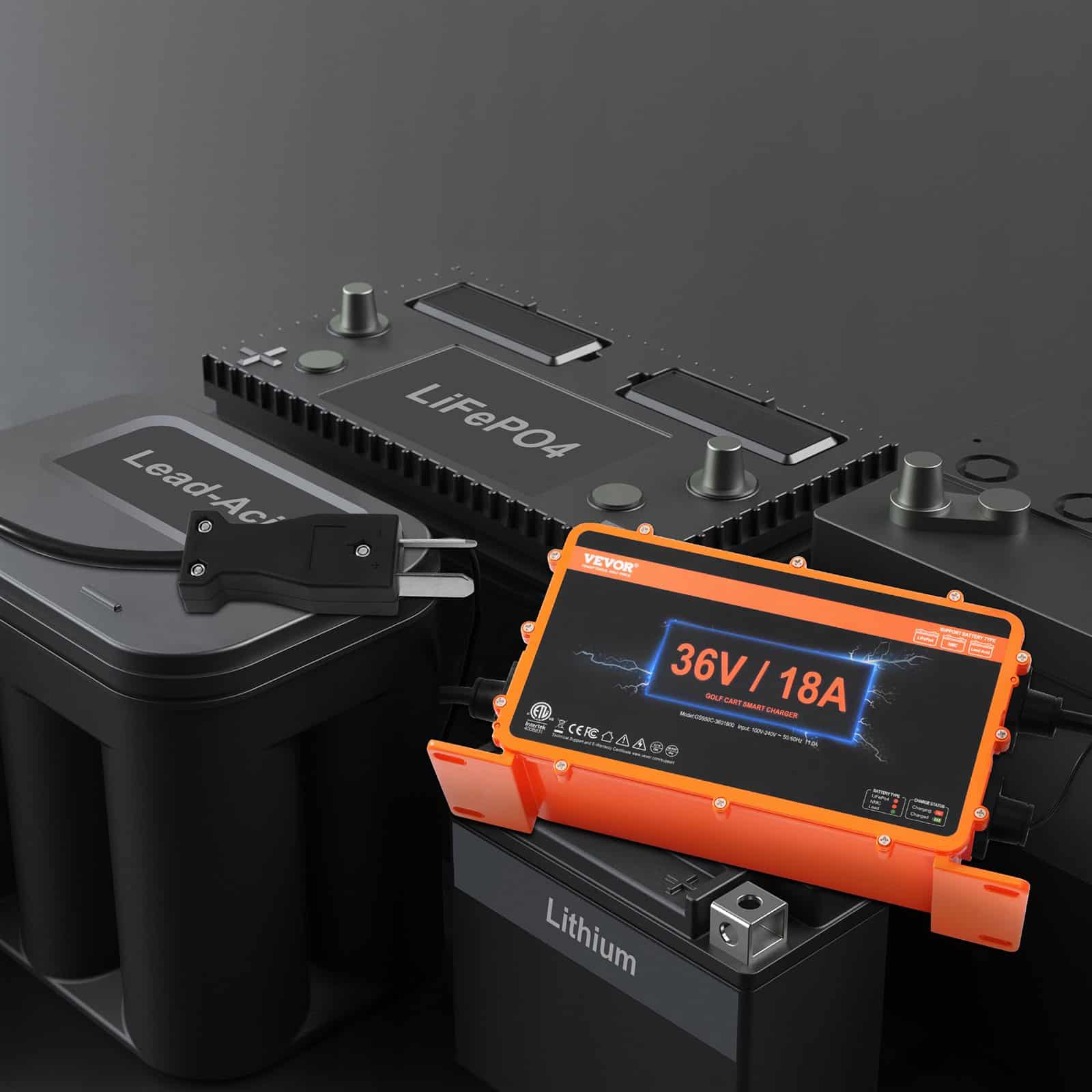 VEVOR 36V 18A Smart Golf Cart Battery Charger, IP67 Waterproof, ETL Certified, for Lead-Acid/LiFePO4/Lithium, Crowfoot Plug - Pilt 8
