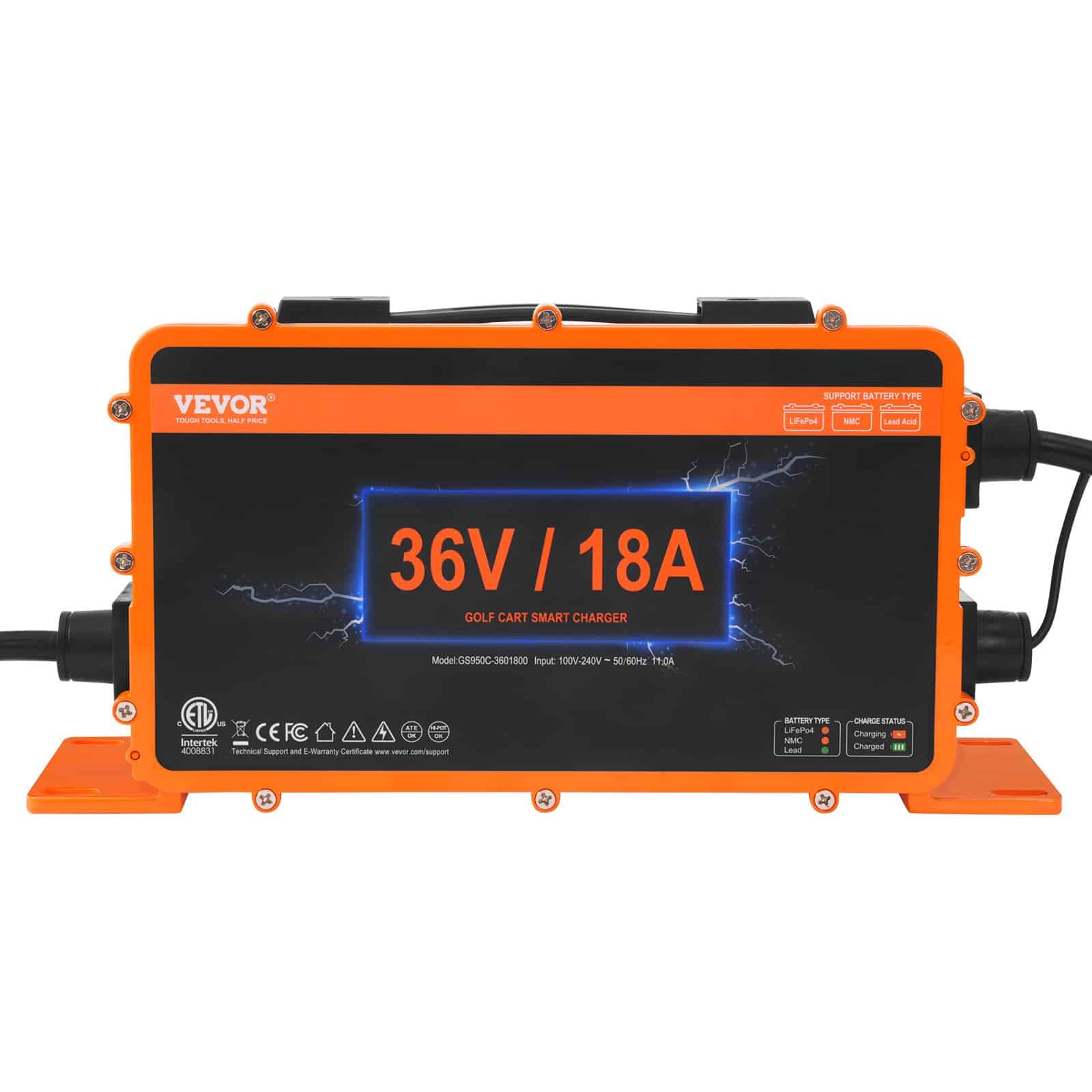 VEVOR 36V 18A Smart Golf Cart Battery Charger, IP67 Waterproof, ETL Certified, for Lead-Acid/LiFePO4/Lithium, Crowfoot Plug - Pilt 10