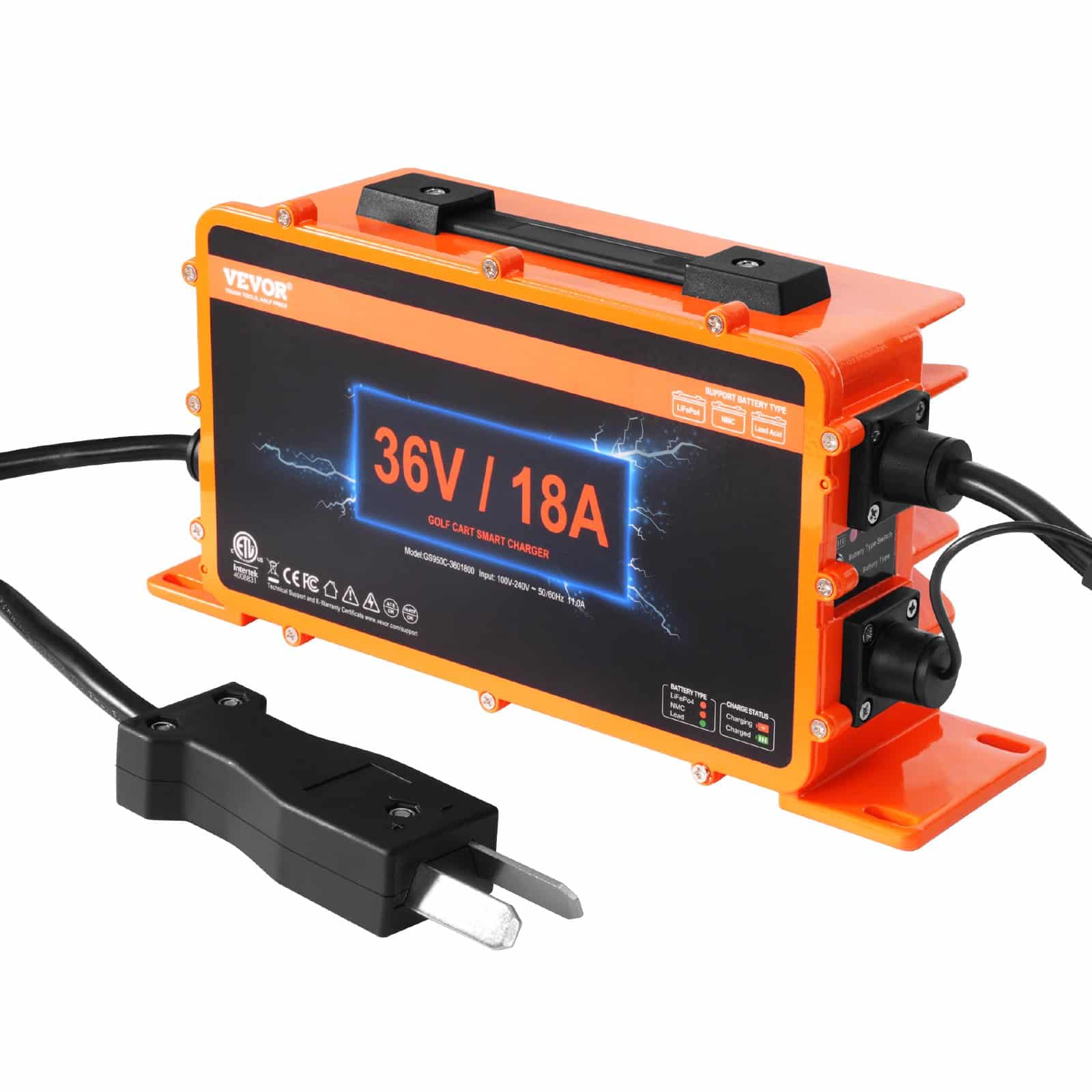 VEVOR 36V 18A Smart Golf Cart Battery Charger, IP67 Waterproof, ETL Certified, for Lead-Acid/LiFePO4/Lithium, Crowfoot Plug - Pilt 11