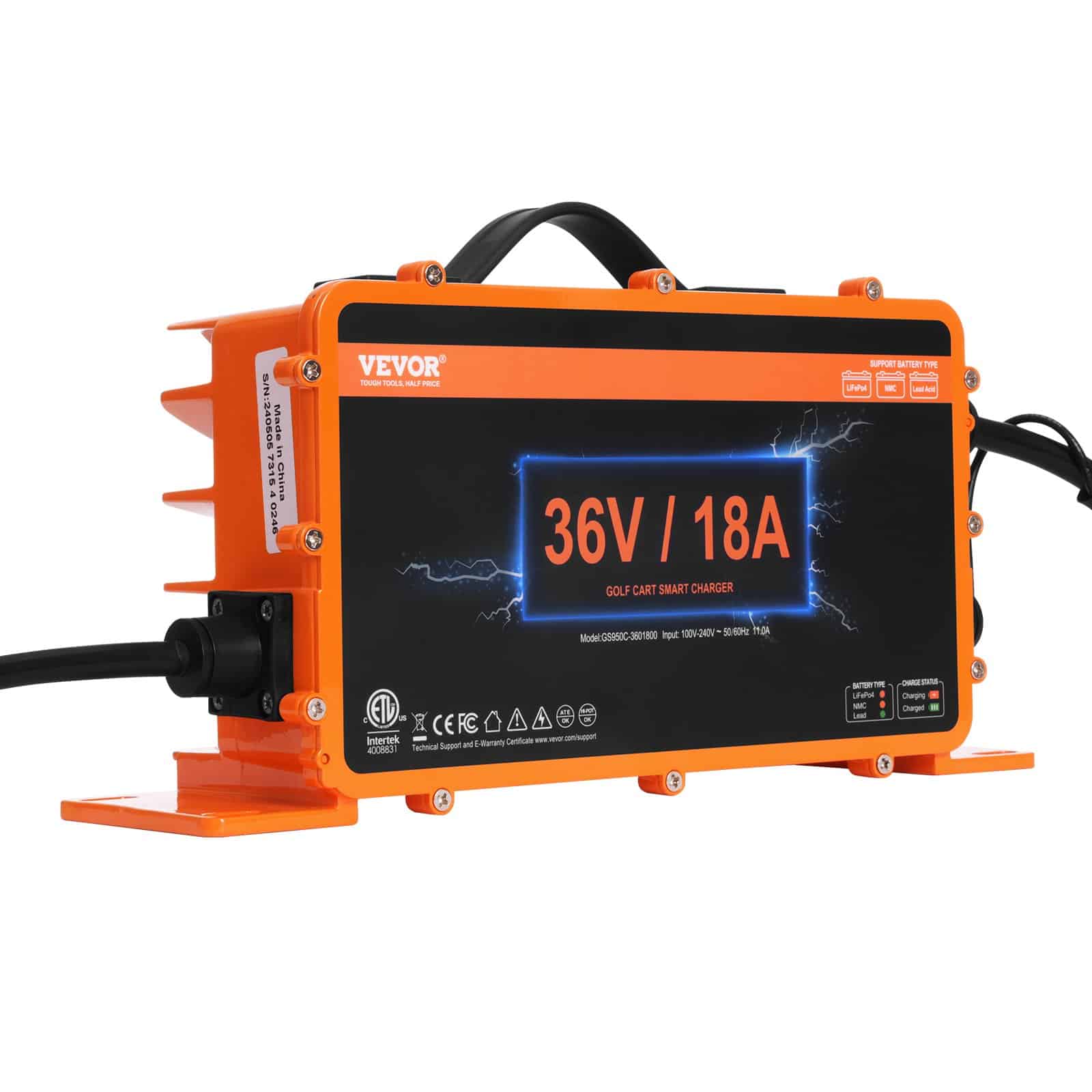VEVOR 36V 18A Smart Golf Cart Battery Charger, IP67 Waterproof, ETL Certified, for Lead-Acid/LiFePO4/Lithium, Crowfoot Plug - Pilt 12