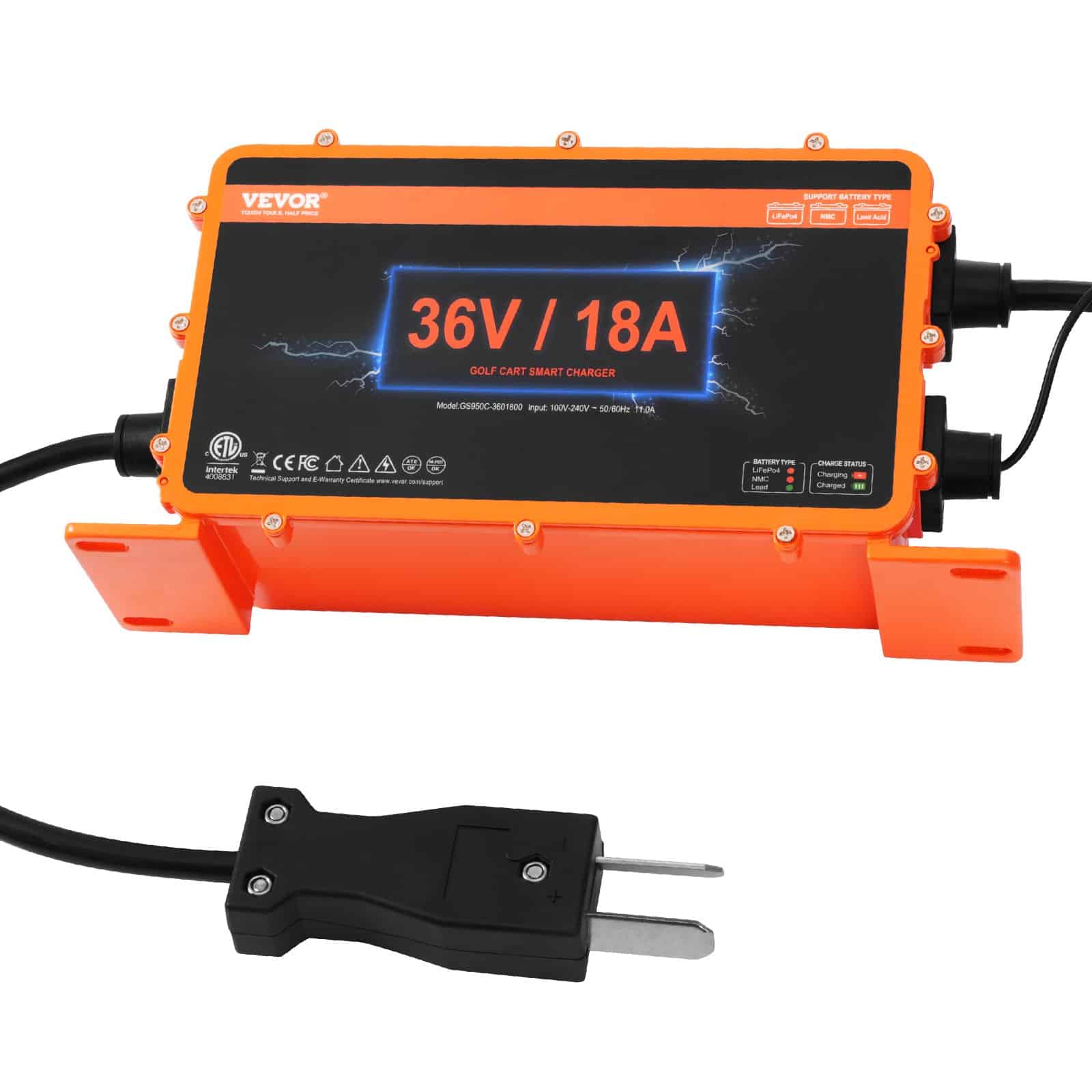 VEVOR 36V 18A Smart Golf Cart Battery Charger, IP67 Waterproof, ETL Certified, for Lead-Acid/LiFePO4/Lithium, Crowfoot Plug - Pilt 9