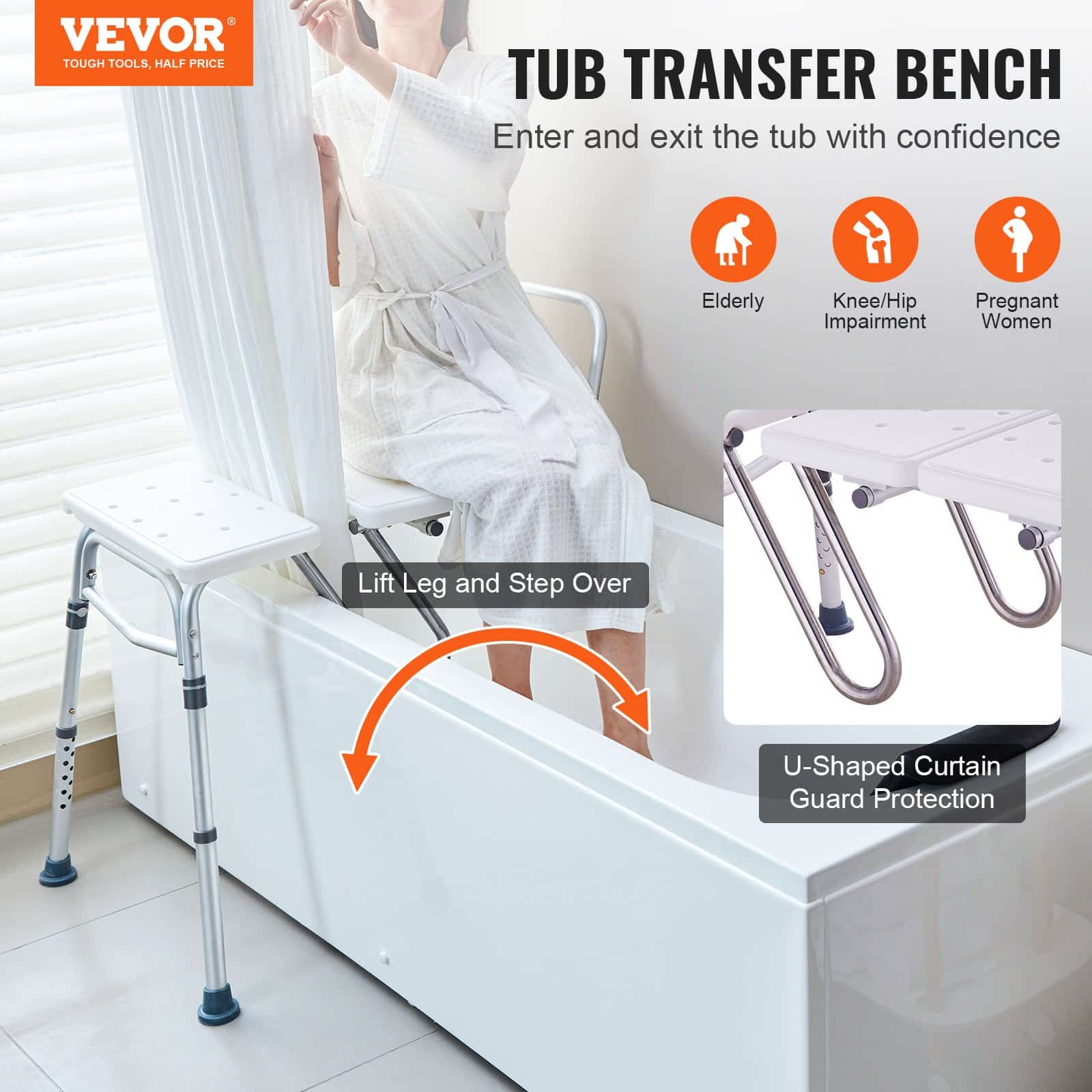 VEVOR Adjustable Shower Transfer Bench with Reversible Backrest, Non-Slip Seat, 181–224 cm Height, 181 kg Capacity for Elderly