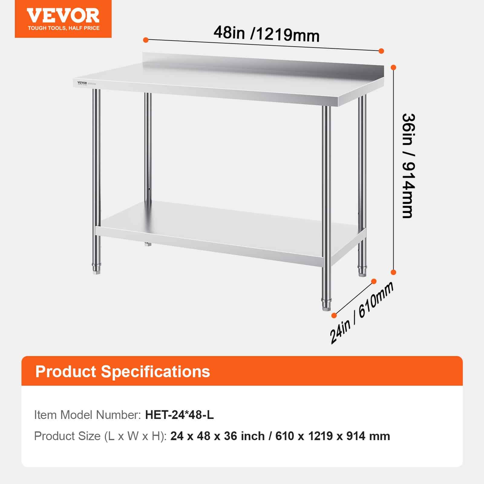 VEVOR 61x122x91cm Stainless Steel Work Table with Adjustable Shelf, Heavy-Duty Prep Table for Restaurant/Home/Hotel Use — attēls 7